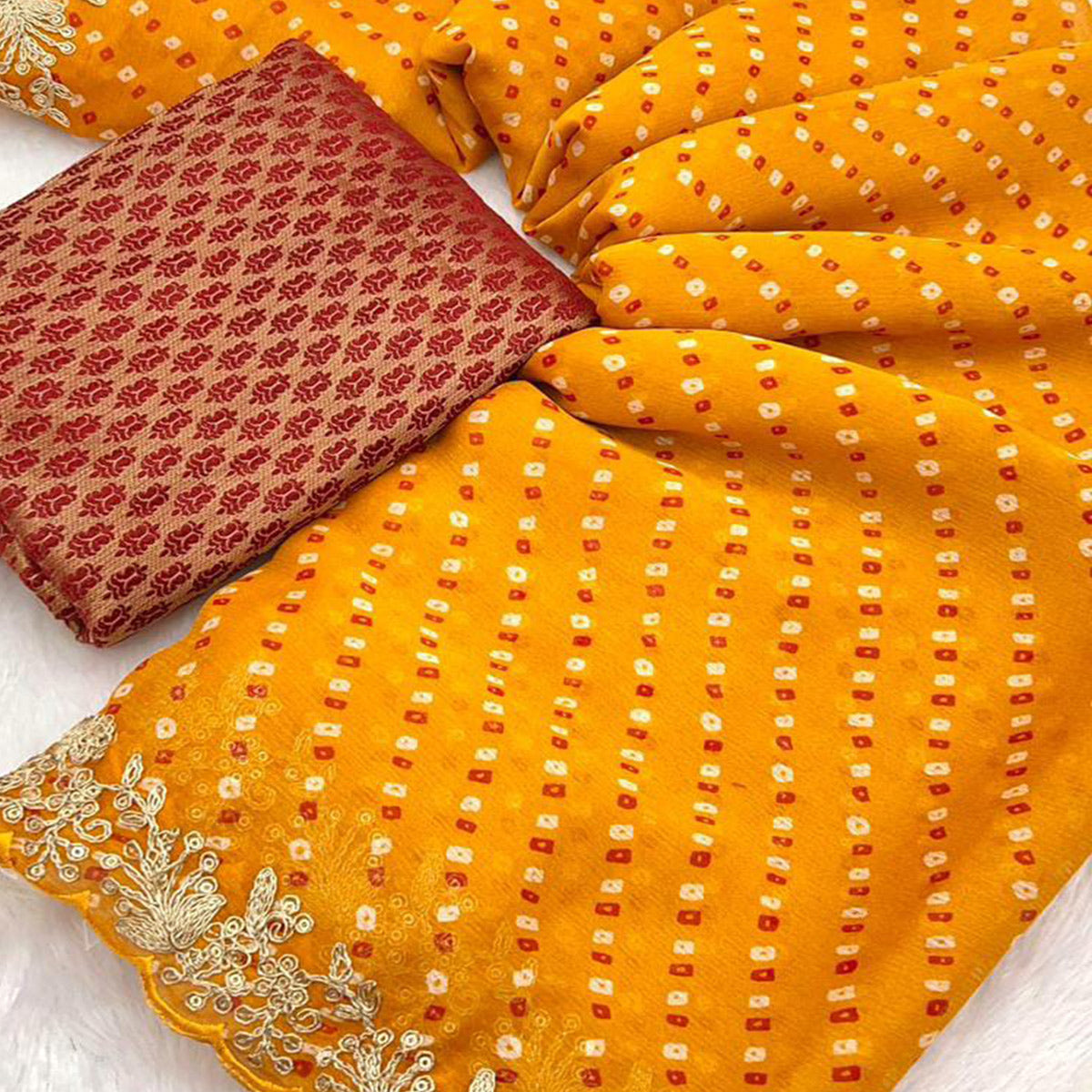 Mustard Bandhani Printed Chiffon Saree With Sequins Embroidered Border