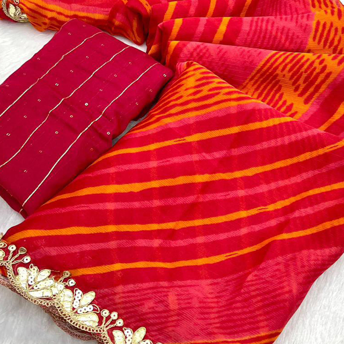 Red Printed Chiffon Saree With Sequins Embroidered Border