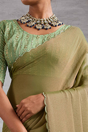 Light Olive Green Solid Organza Jimmy Choo Saree Accentuated With Elegant Cutwork Border Detailing