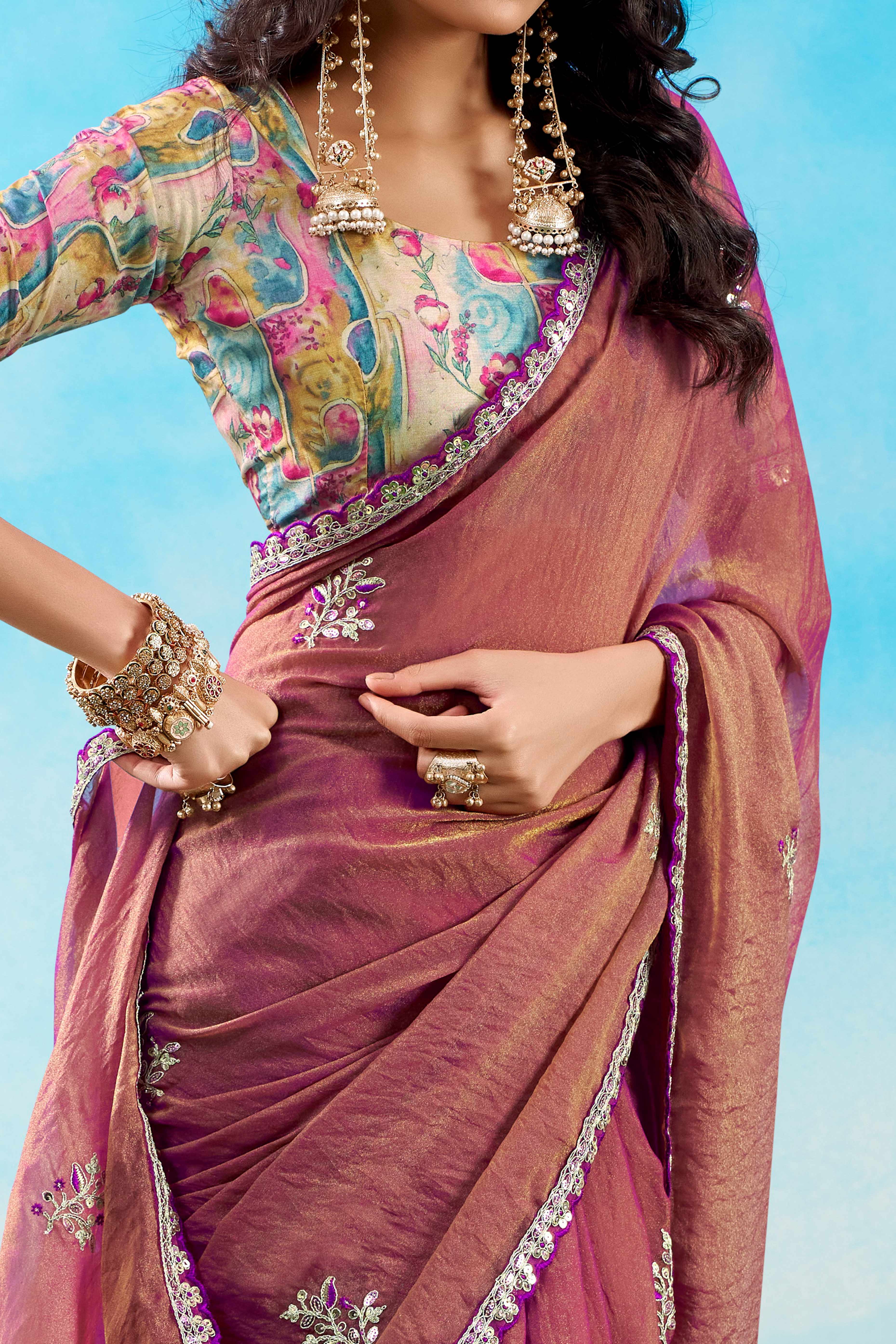 Luxurious Magenta Chiffon Saree Showcasing Floral Sequins Embroidery In A Two Tone Finish