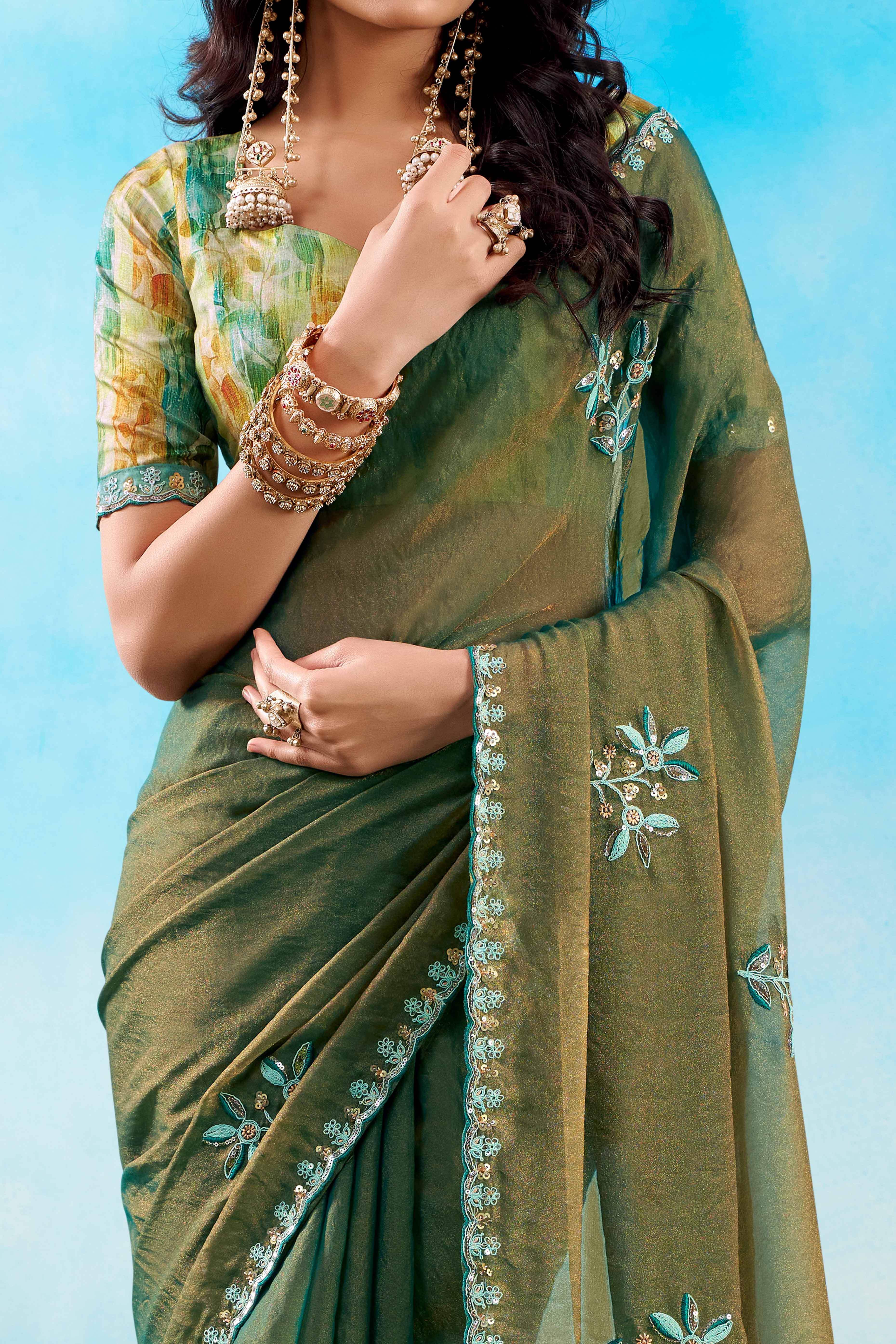 Luxurious Olive Green Chiffon Saree Showcasing Floral Sequins Embroidery In A Two Tone Finish