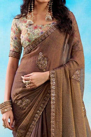 Luxurious Brown Chiffon Saree Showcasing Floral Sequins Embroidery In A Two Tone Finish