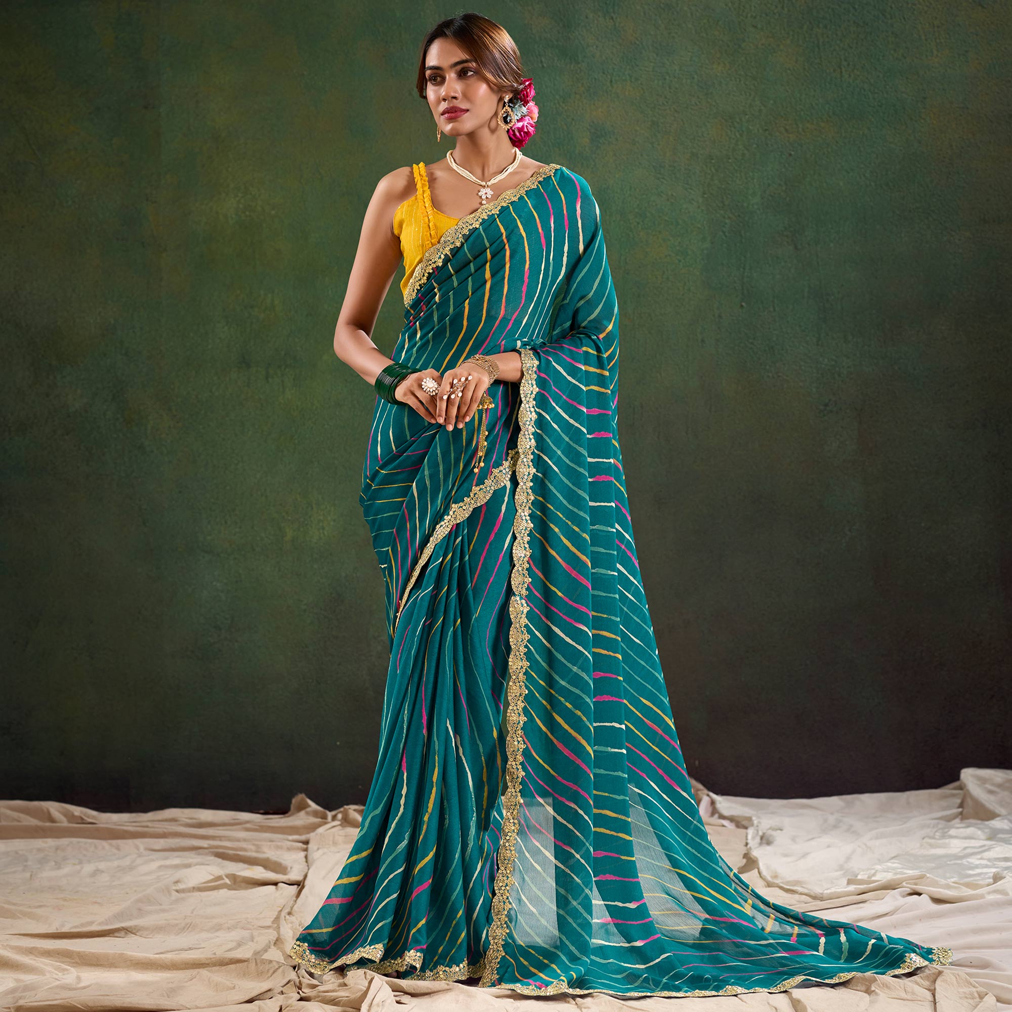Morpich Green Printed Chiffon Saree With Sequins Border