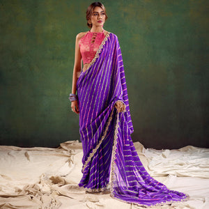 Violet Printed Chiffon Saree With Sequins Border