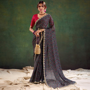 Black Printed Chiffon Saree With Sequins Border