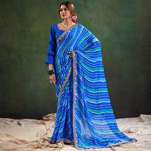 Blue Printed Chiffon Saree With Sequins Border