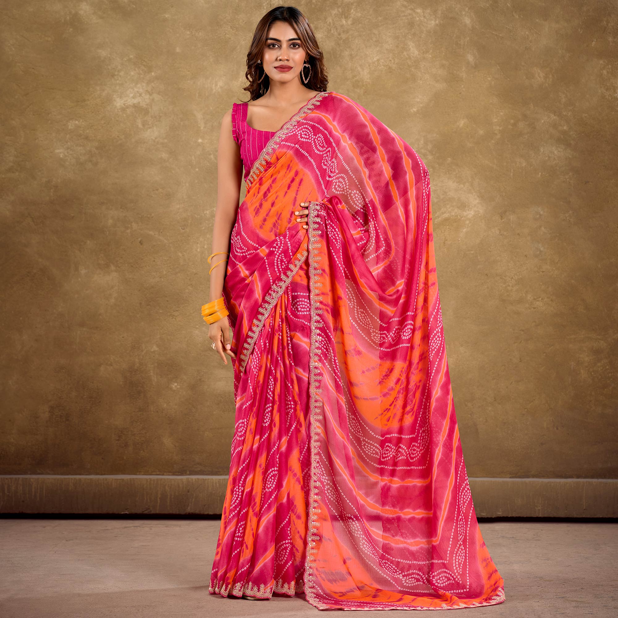 Pink & Orange Printed Chiffon Saree With Sequins Border