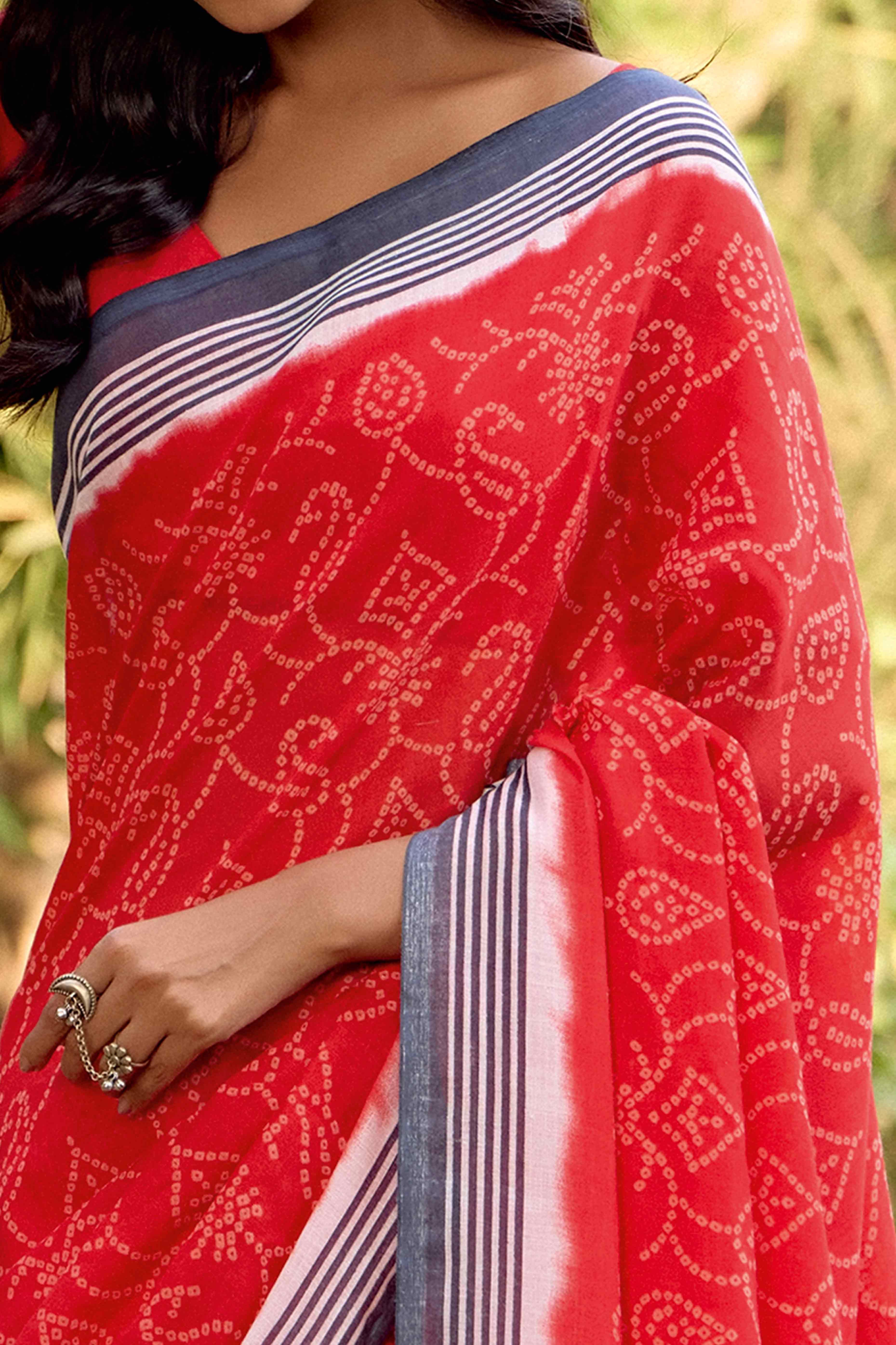 Red Bandhani Printed Linen Saree