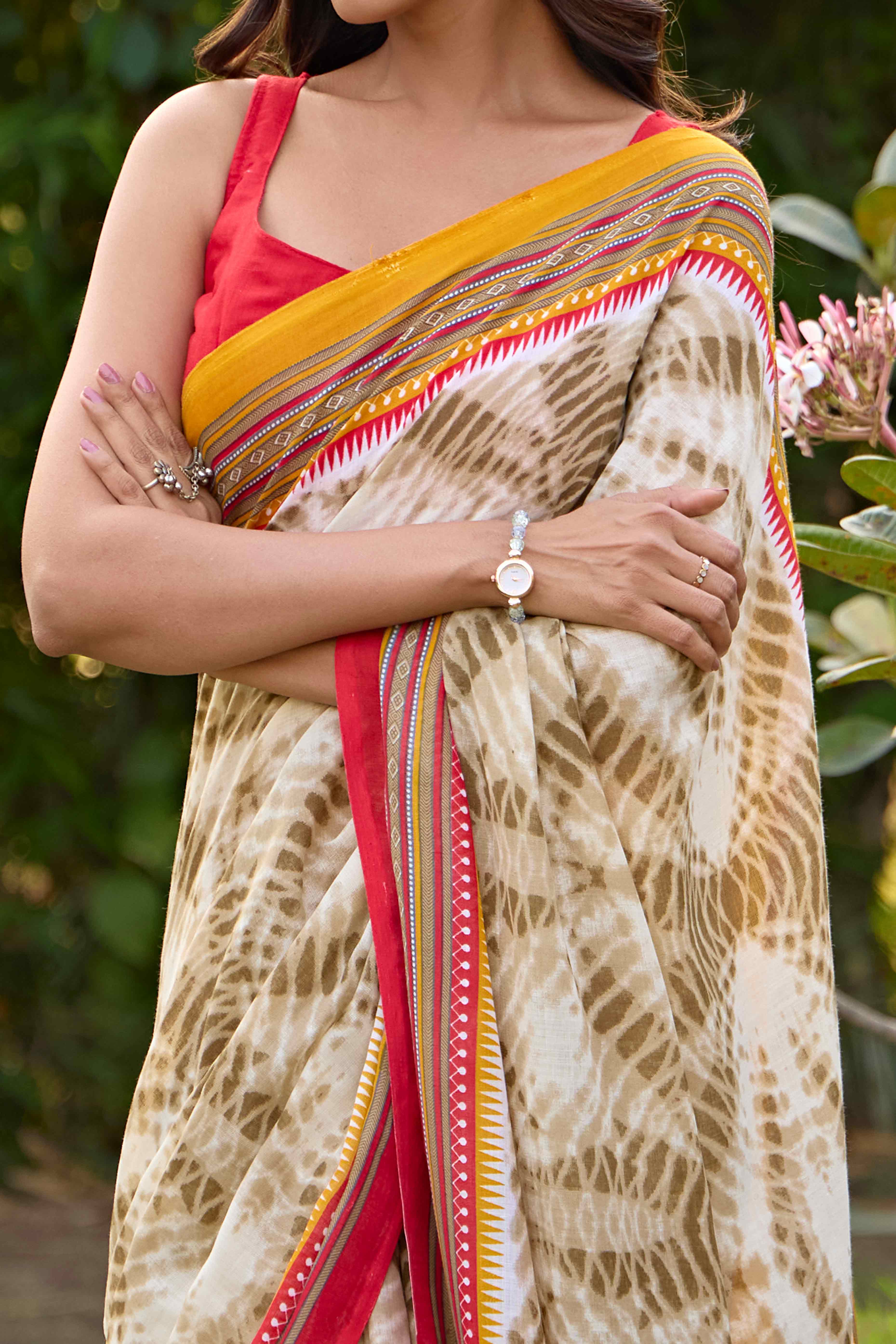 Off White Tie Dye Printed Linen Saree