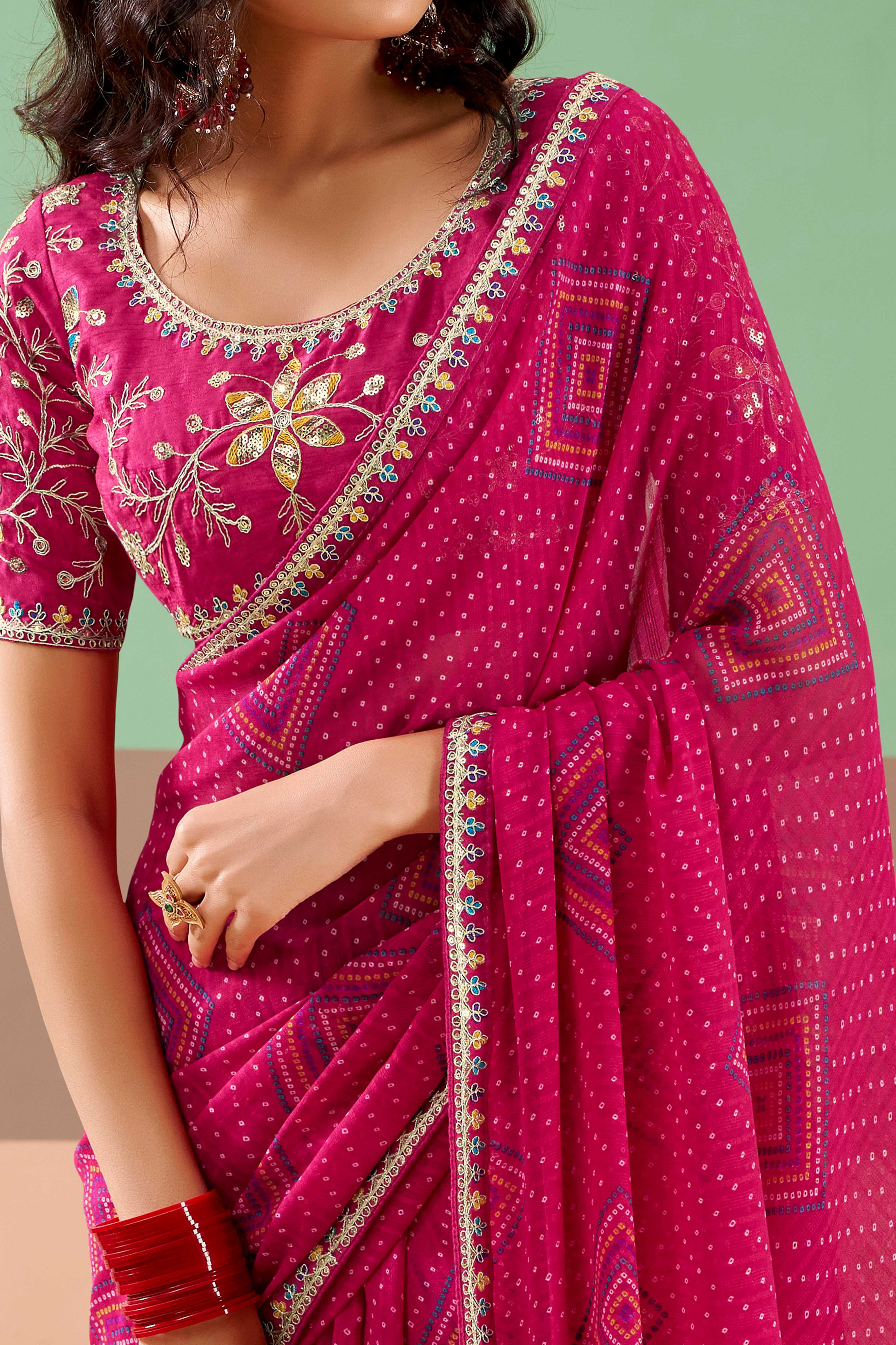 Charming Pink Bandhani Printed Georgette Saree Adorned With Intricate Cording Embroidered Border