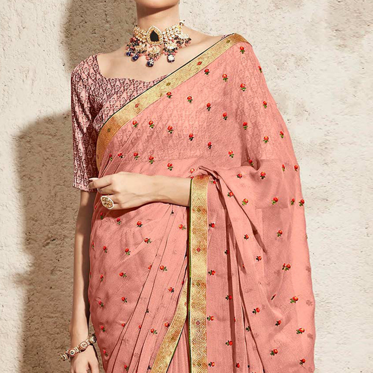 Peach Floral Embroidered Chiffon Saree