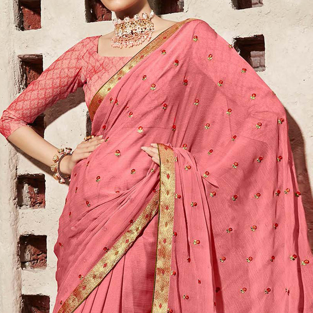Peach Floral Embroidered Chiffon Saree