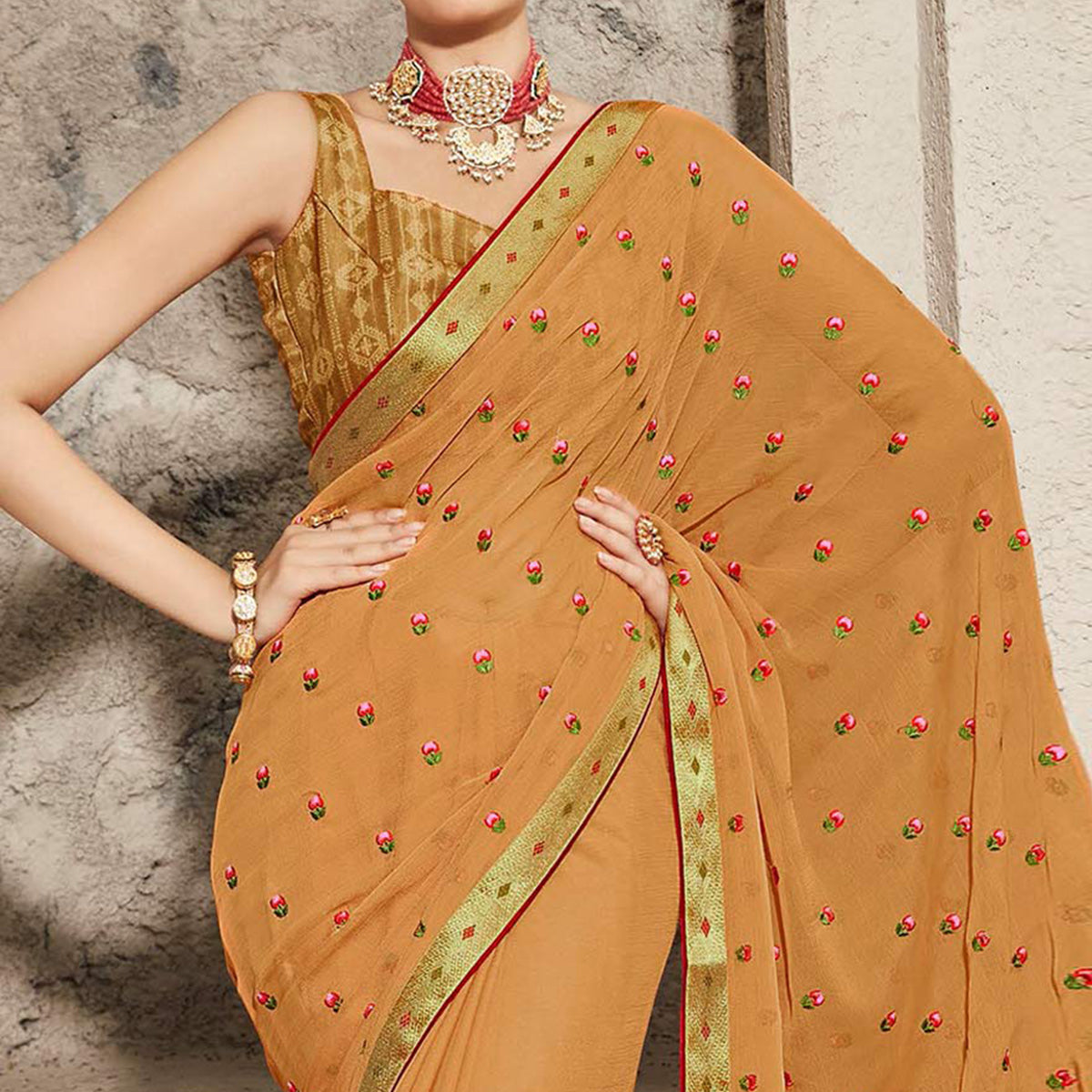Rust Floral Embroidered Chiffon Saree