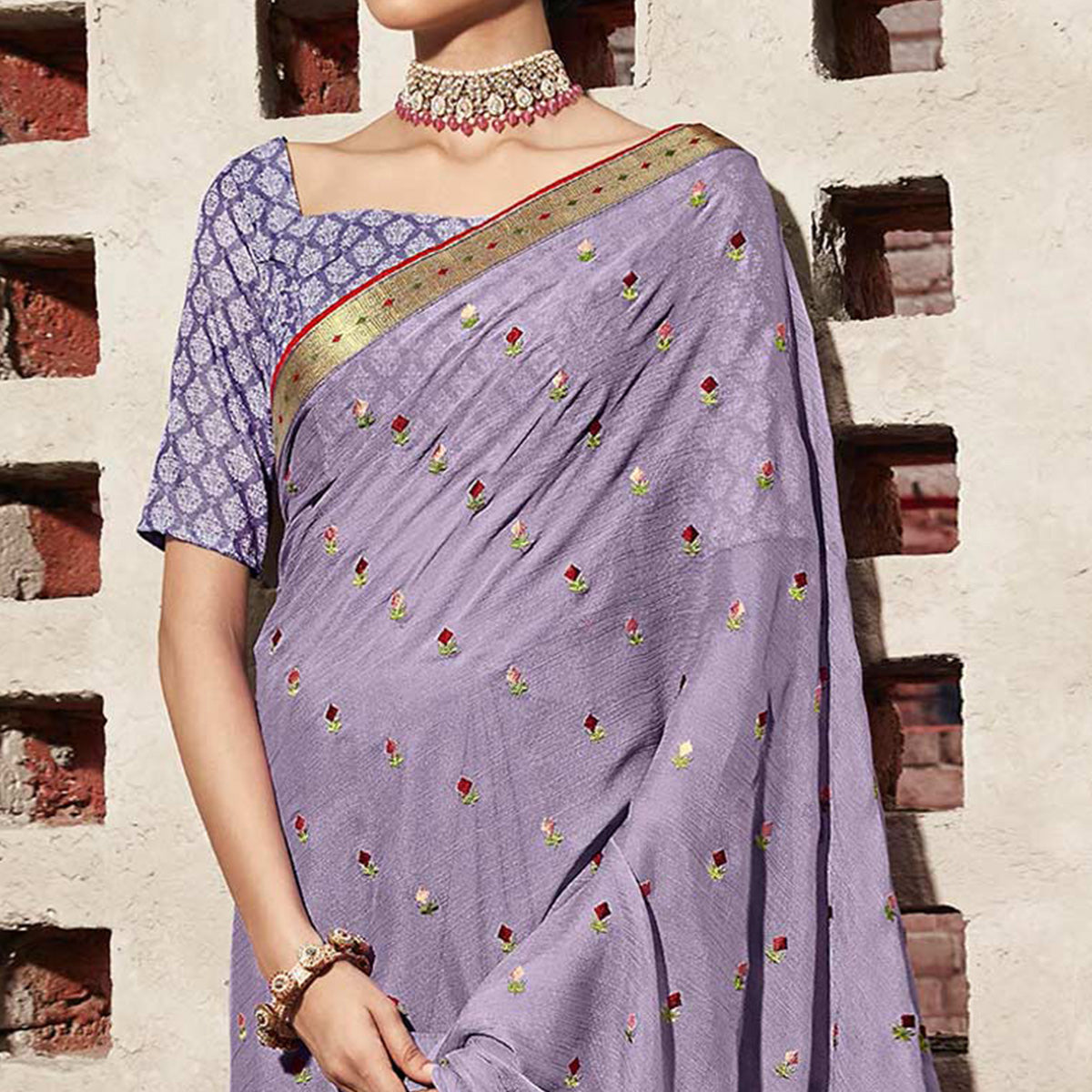 Light Purple Floral Embroidered Chiffon Saree