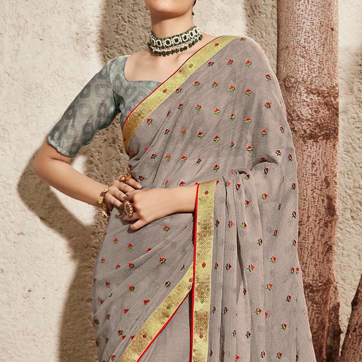 Grey Floral Embroidered Chiffon Saree