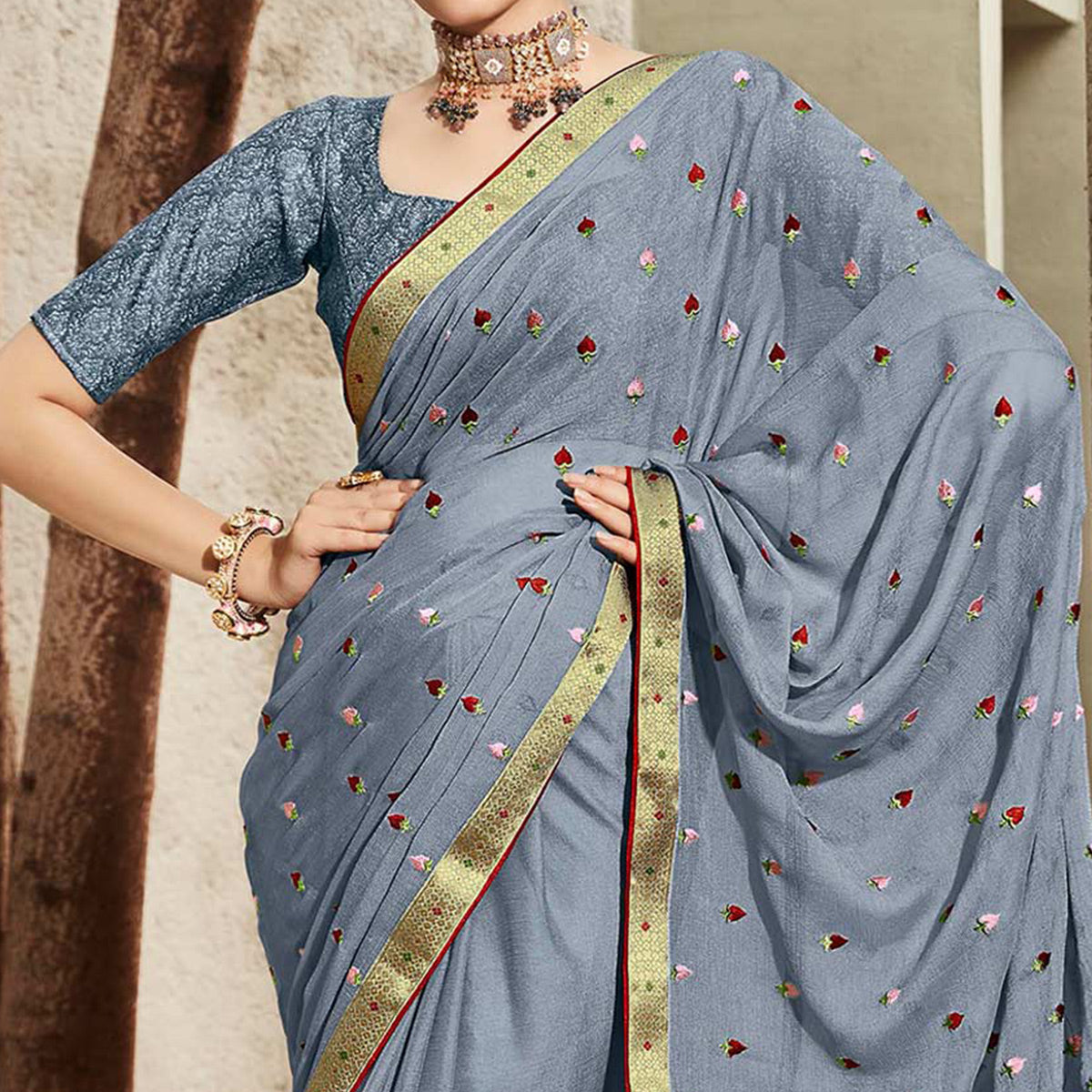Grey Floral Embroidered Chiffon Saree