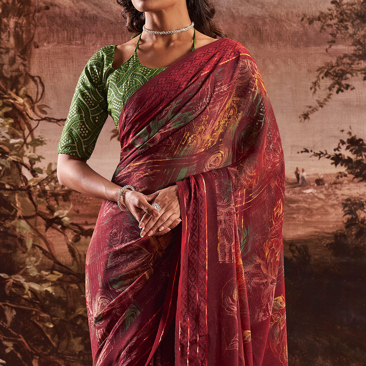 Wine Floral Printed Georgette Saree