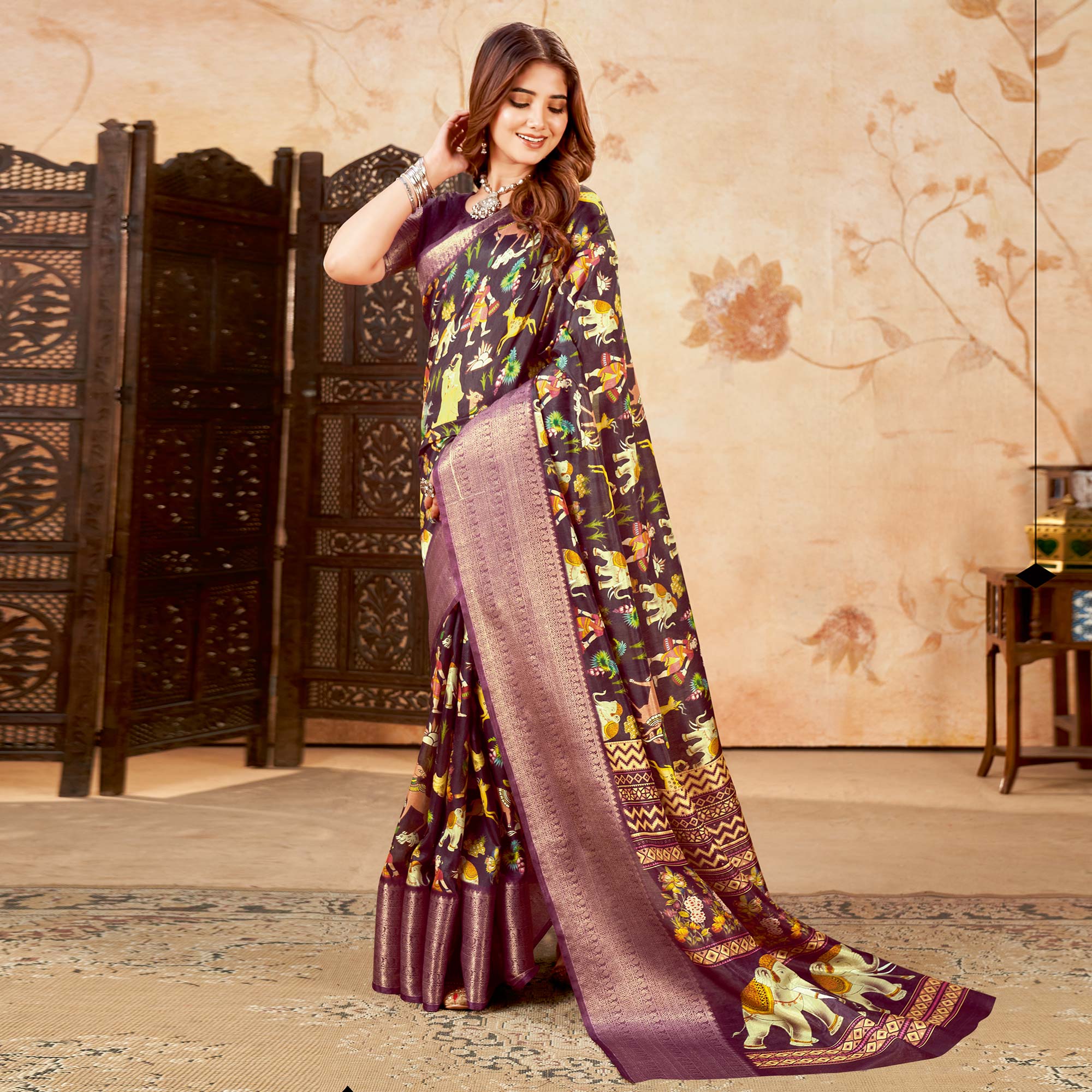 Wine Printed Cotton Silk Saree With Jacquard Border