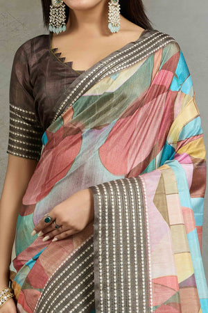 Brown Silk Blend Saree with Geometric Print
