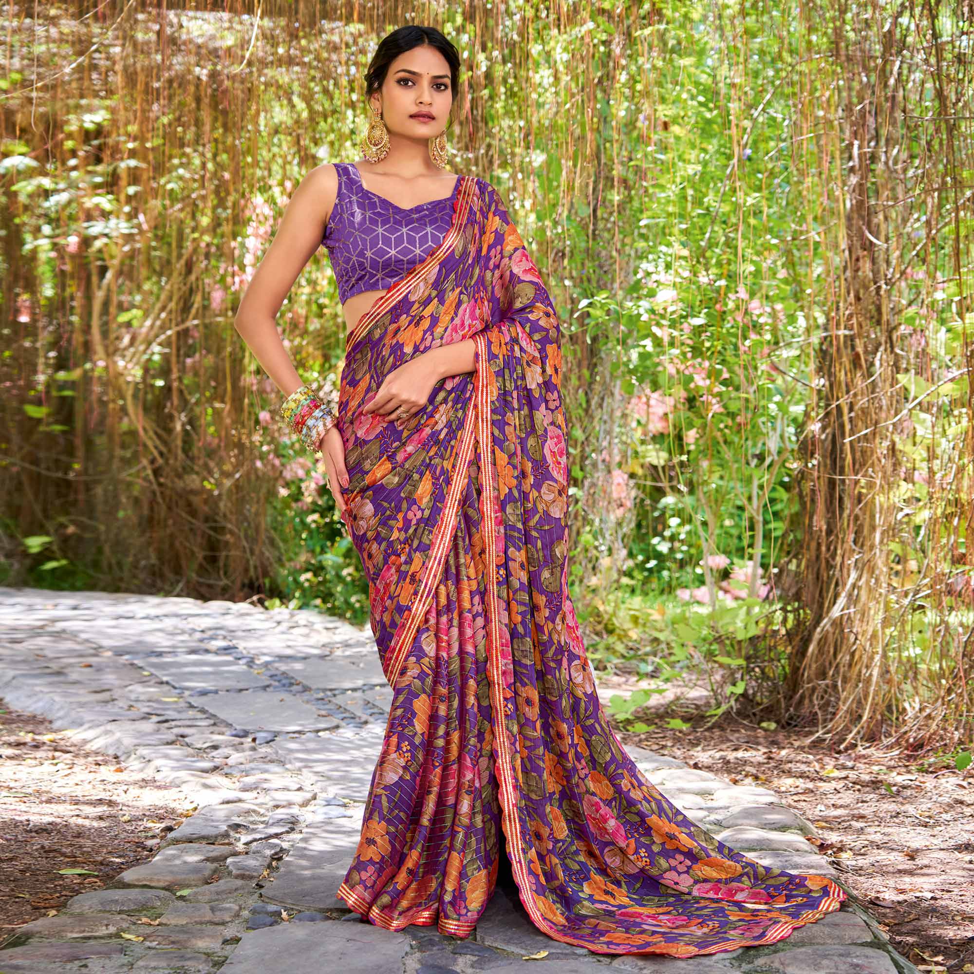 Purple Floral Printed Chiffon Saree With Zari Work