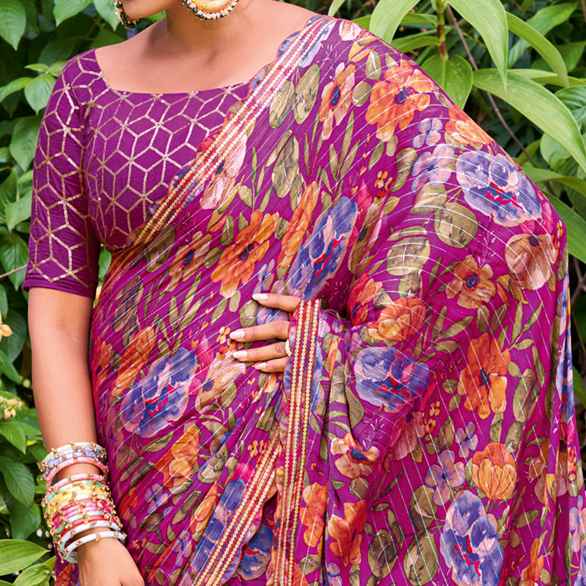 Purple Floral Printed Chiffon Saree With Zari Work