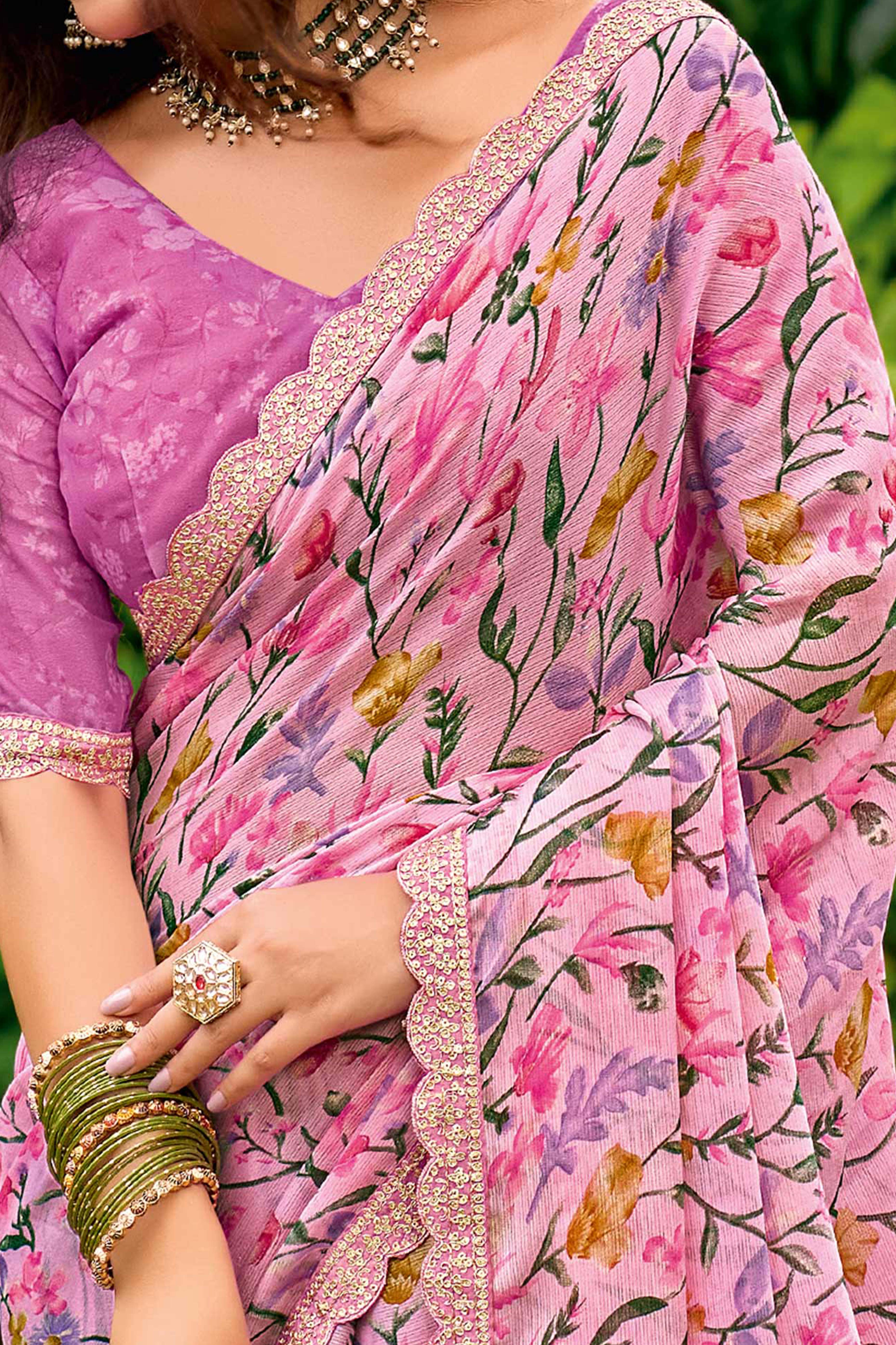 Pink Floral Chiffon Saree Enhanced with Fine Embroidery on the Border