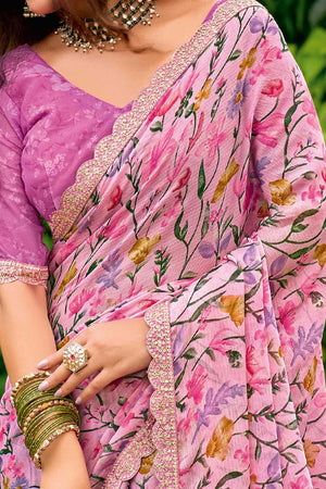 Pink Floral Chiffon Saree Enhanced with Fine Embroidery on the Border