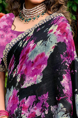 Black Floral Chiffon Saree Enhanced with Fine Embroidery on the Border