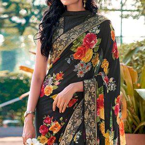 Black Floral Printed Georgette Saree With Border & Jacquard Blouse