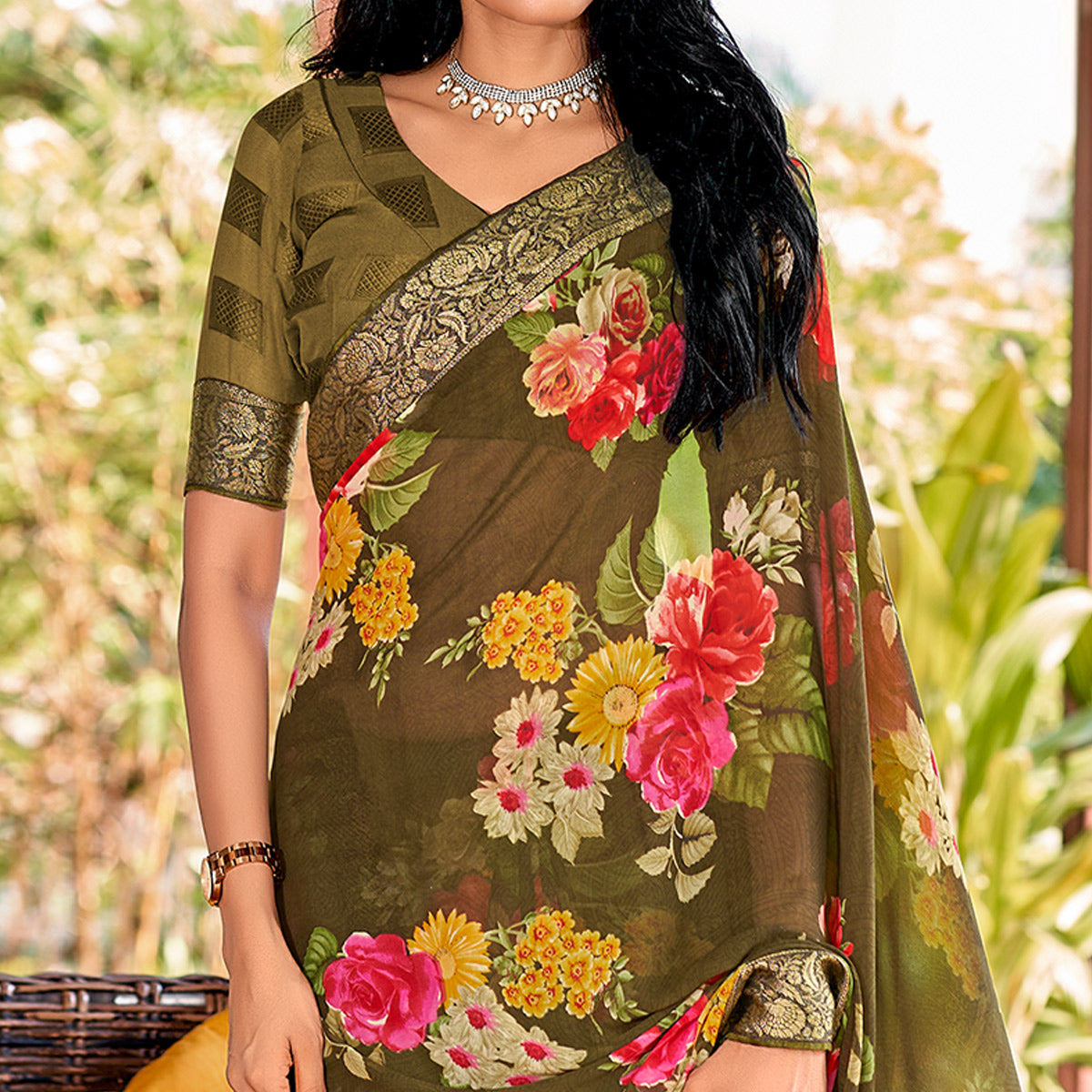 Olive Floral Printed Georgette Saree With Border & Jacquard Blouse
