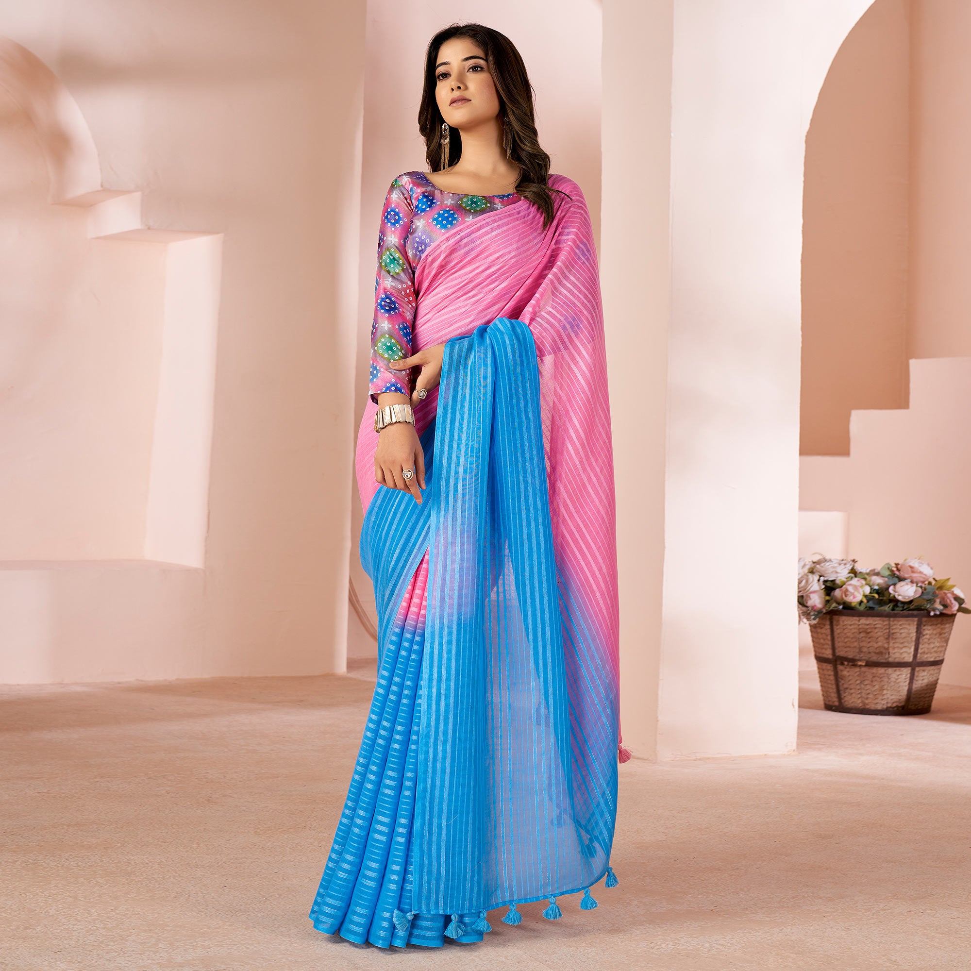 Pink & Blue Woven Linen Saree With Tassels