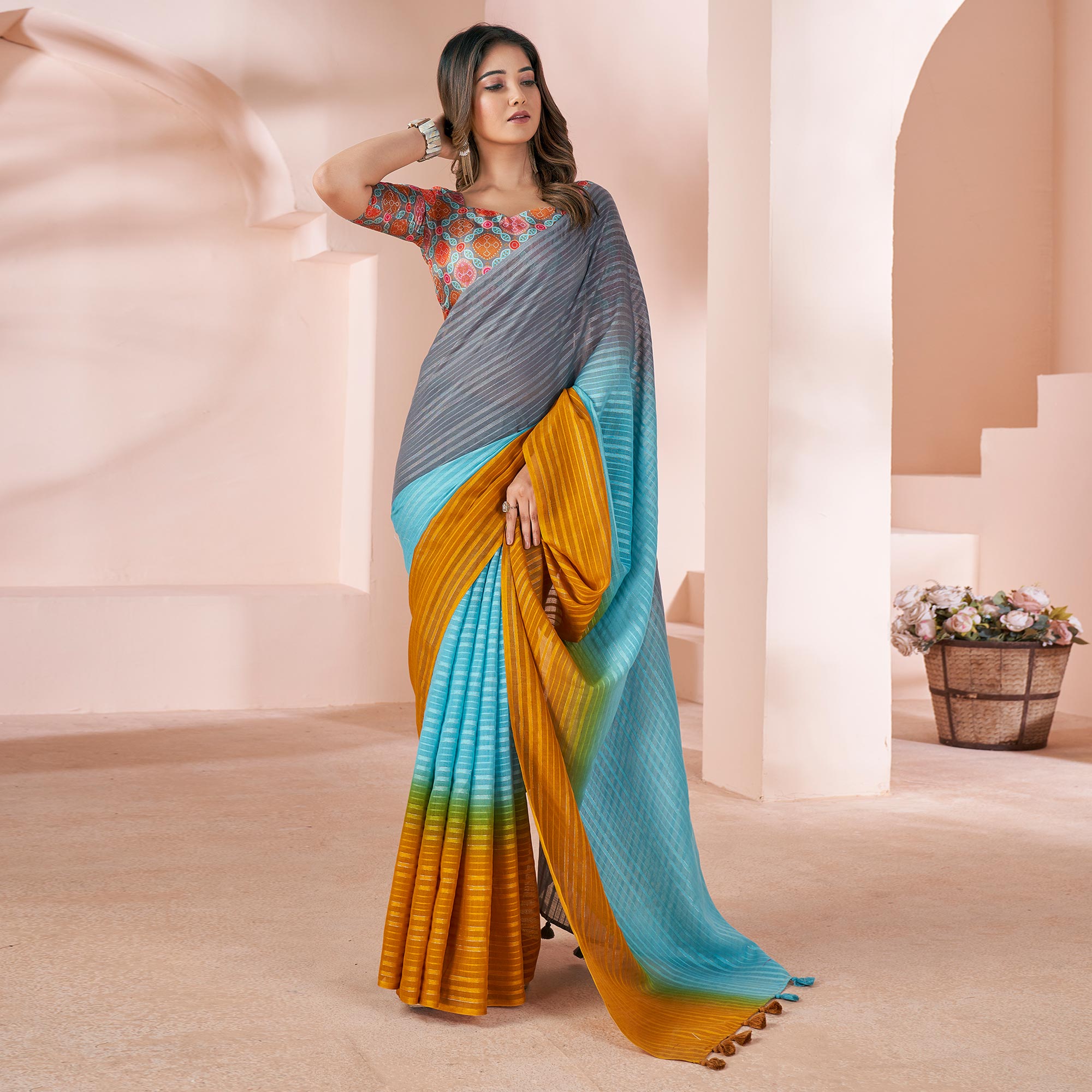 Multicolor Woven Linen Saree With Tassels