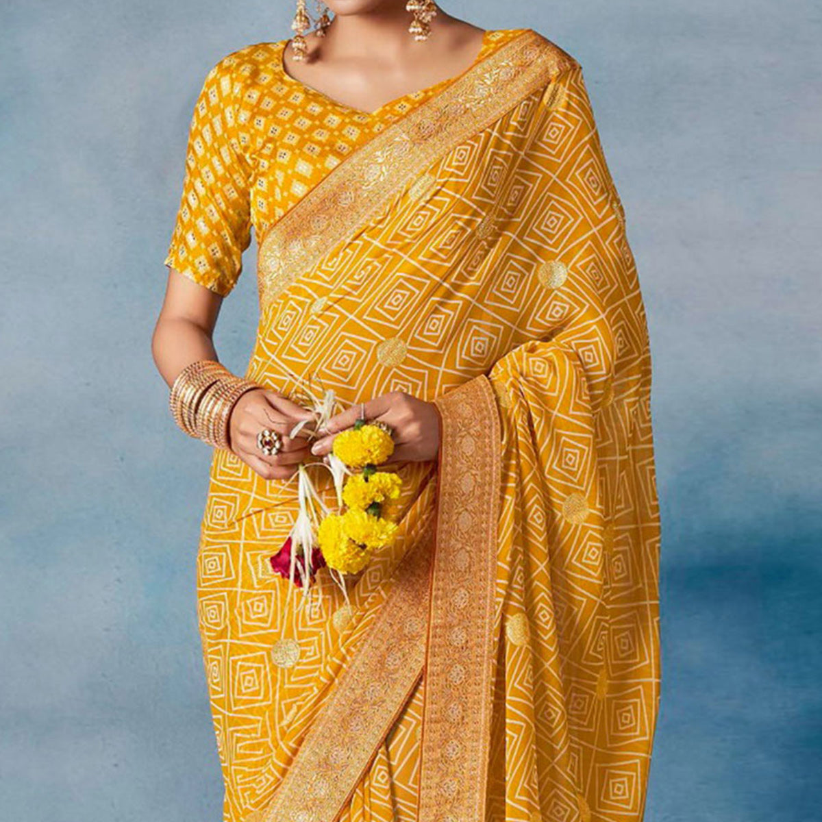 Mustard Geometric Printed With Woven Border Georgette Saree