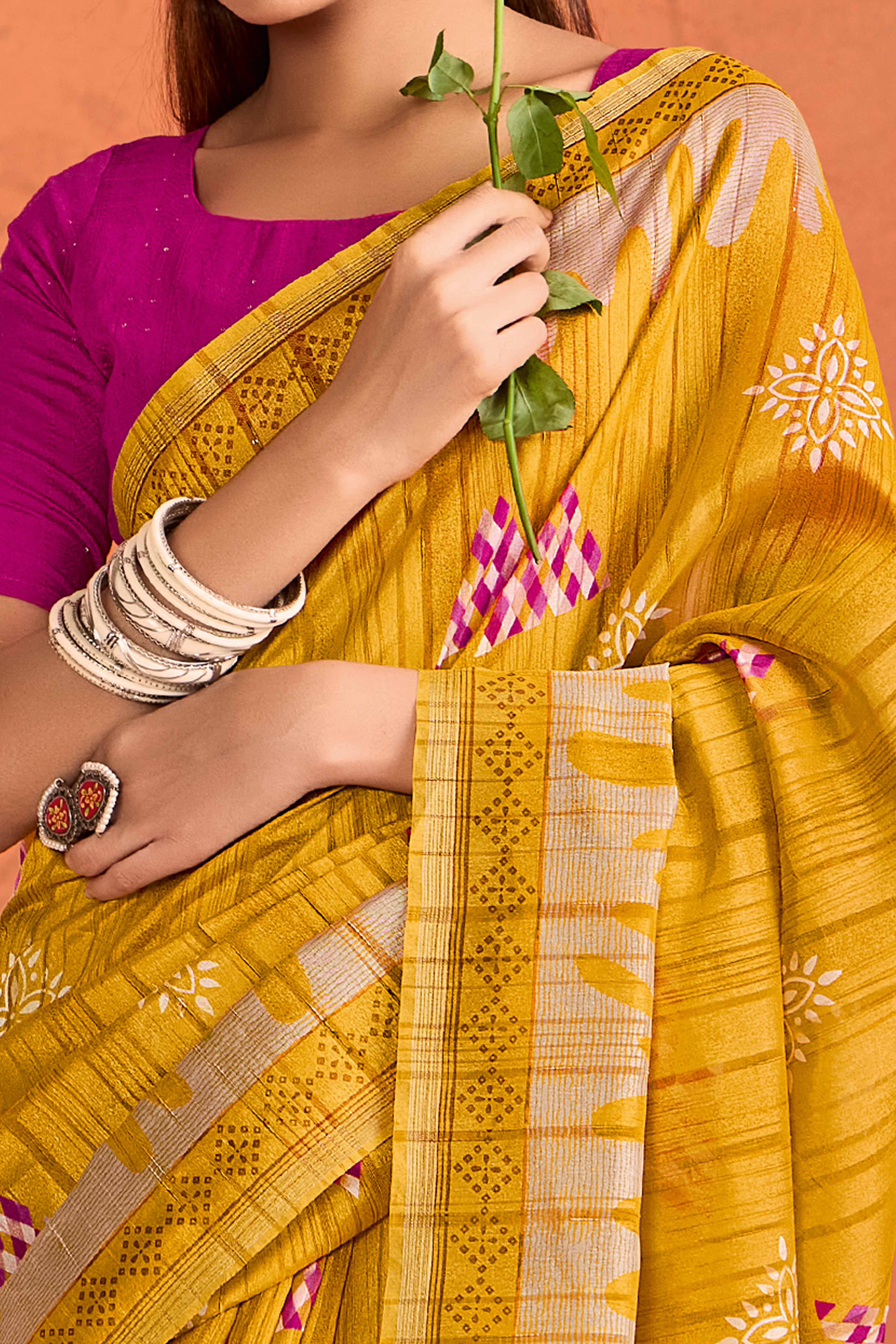 Mustard Silk Blend Saree with Bold Abstract Print