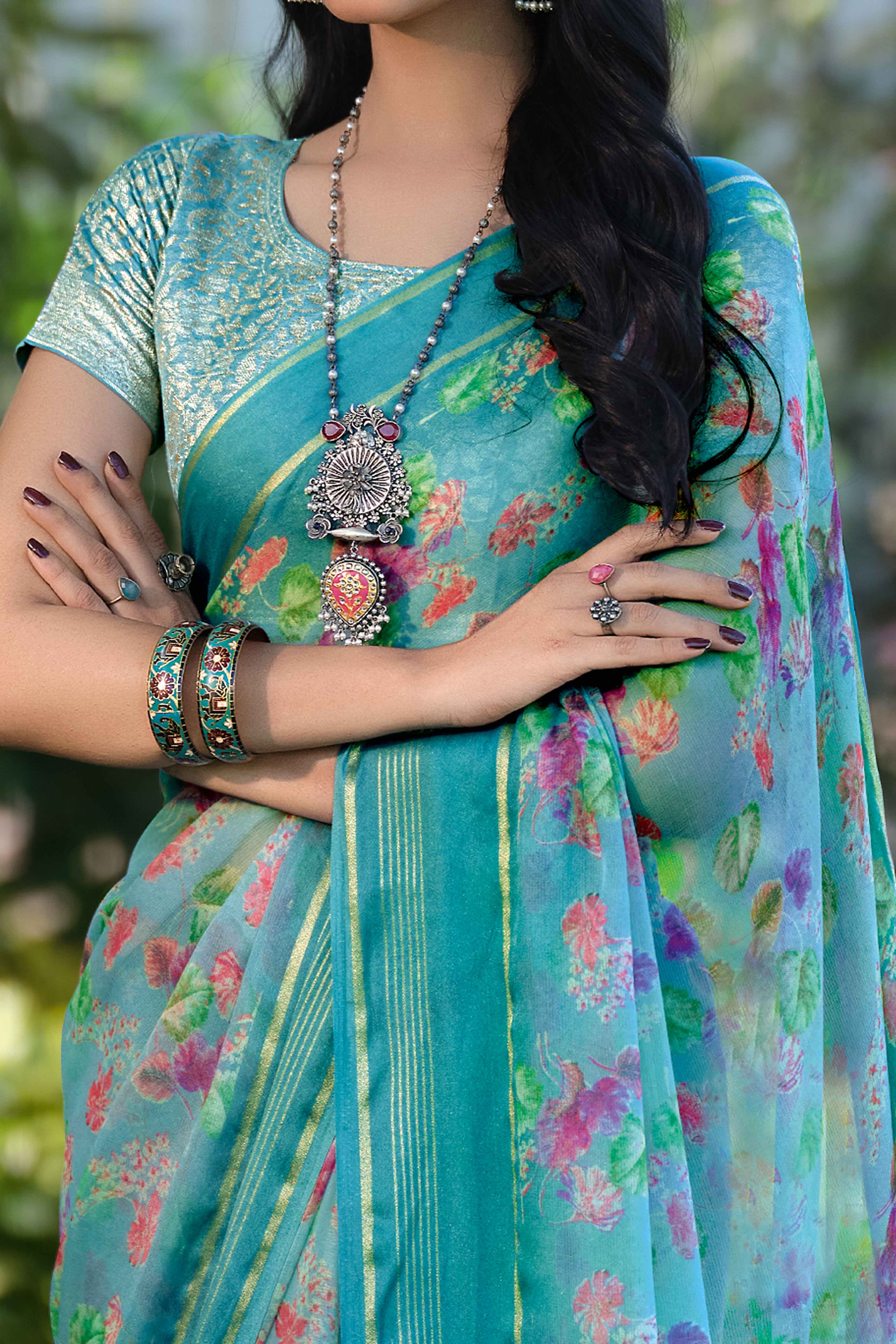 Charming Floral Print Sky Blue Chiffon Saree with Breezy Lightness