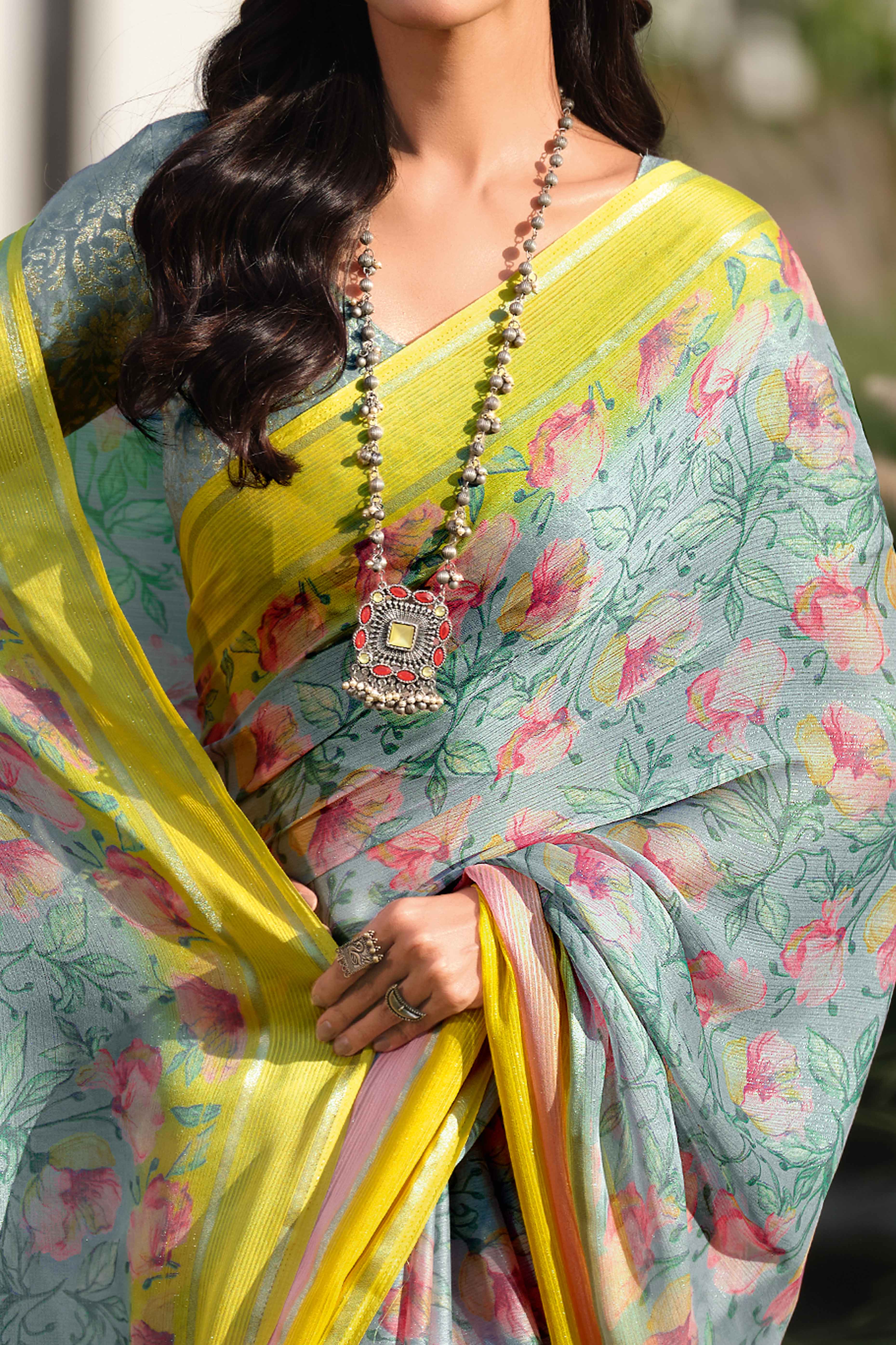 Charming Floral Print Mint Green Chiffon Saree with Breezy Lightness