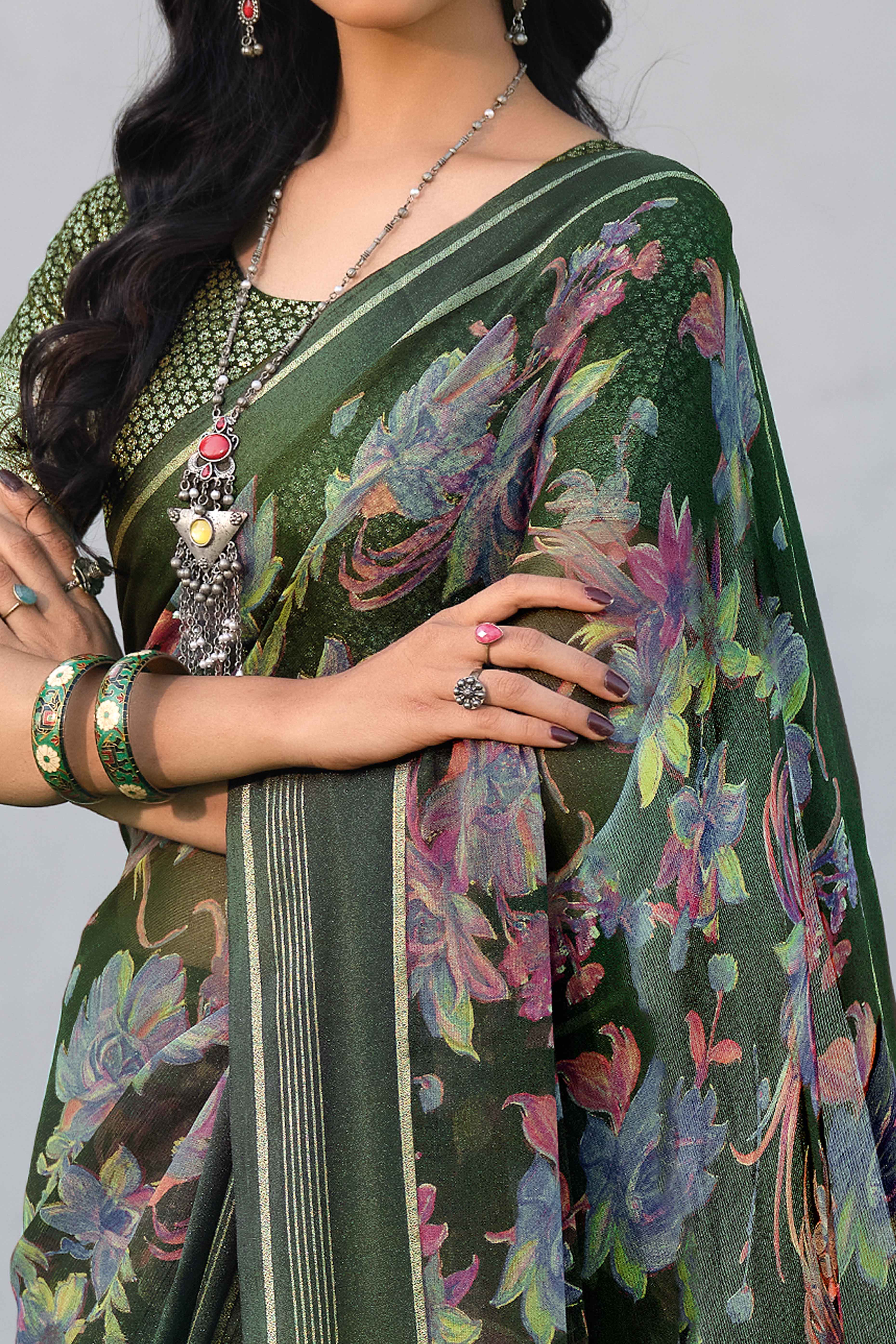 Charming Floral Print Green Chiffon Saree with Breezy Lightness