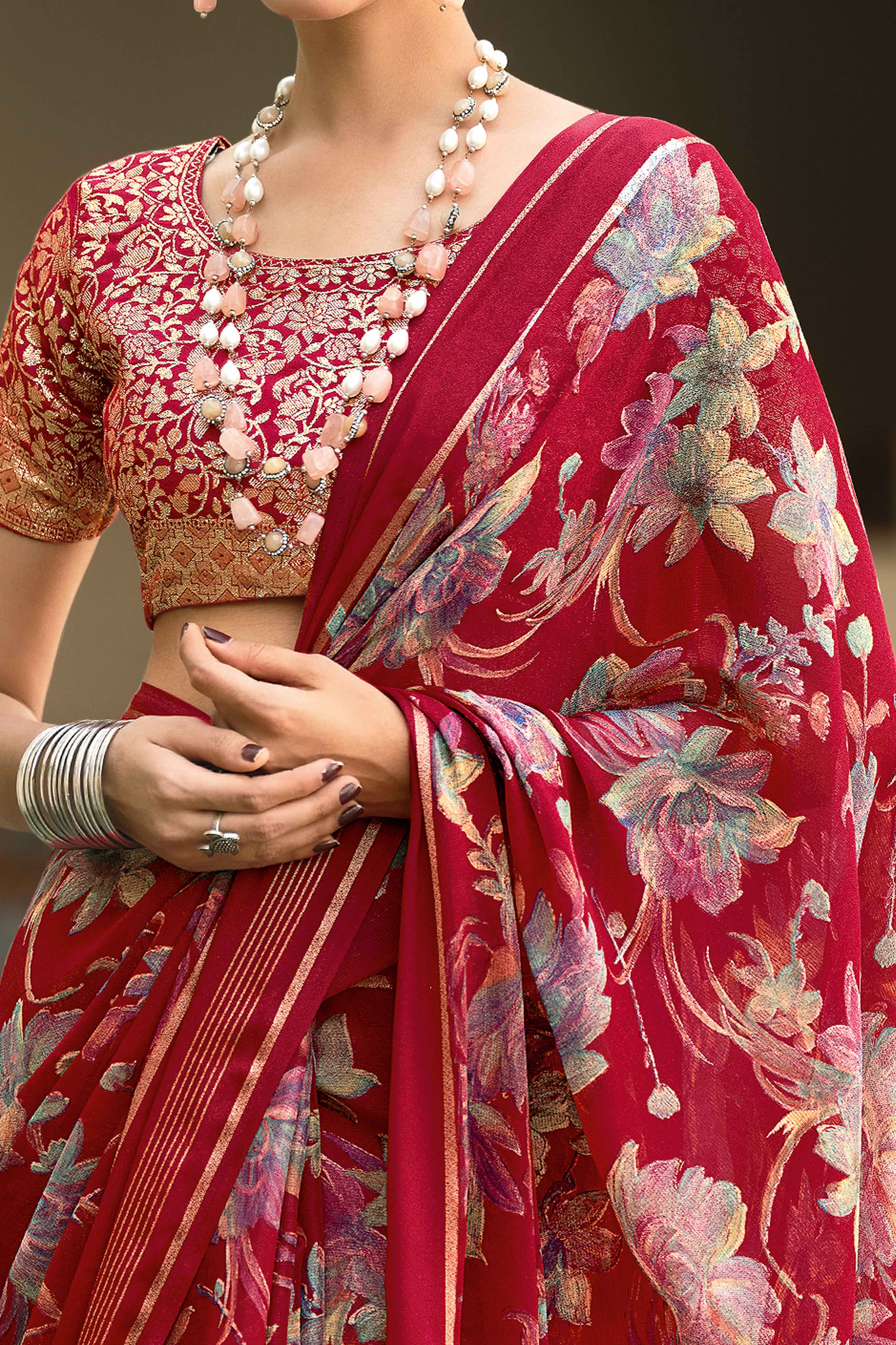 Charming Floral Print Maroon Chiffon Saree with Breezy Lightness