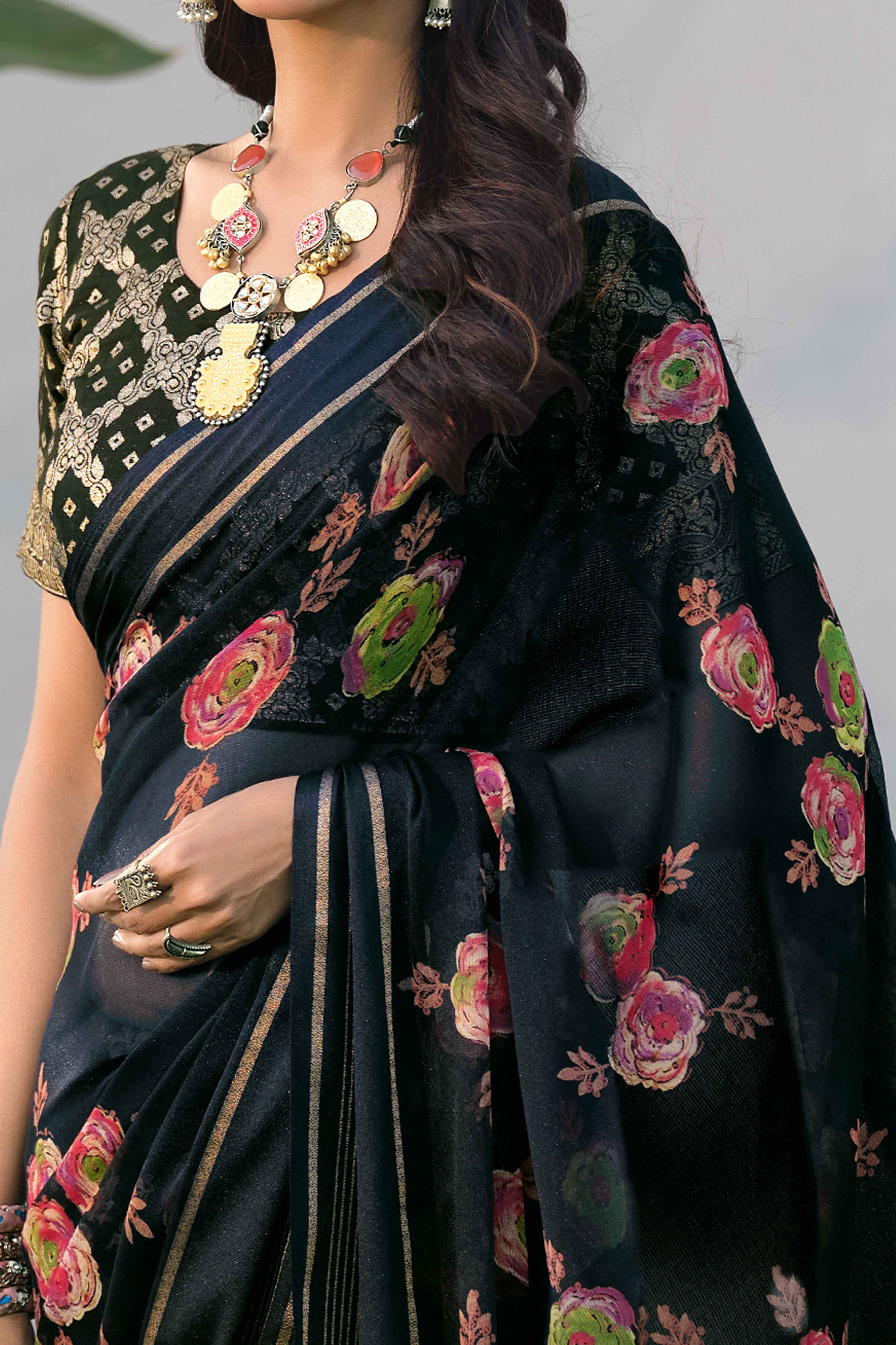 Charming Floral Print Black Chiffon Saree with Breezy Lightness