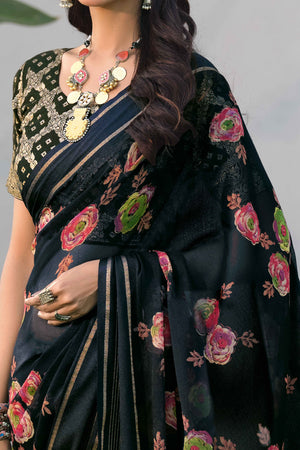 Charming Floral Print Black Chiffon Saree with Breezy Lightness