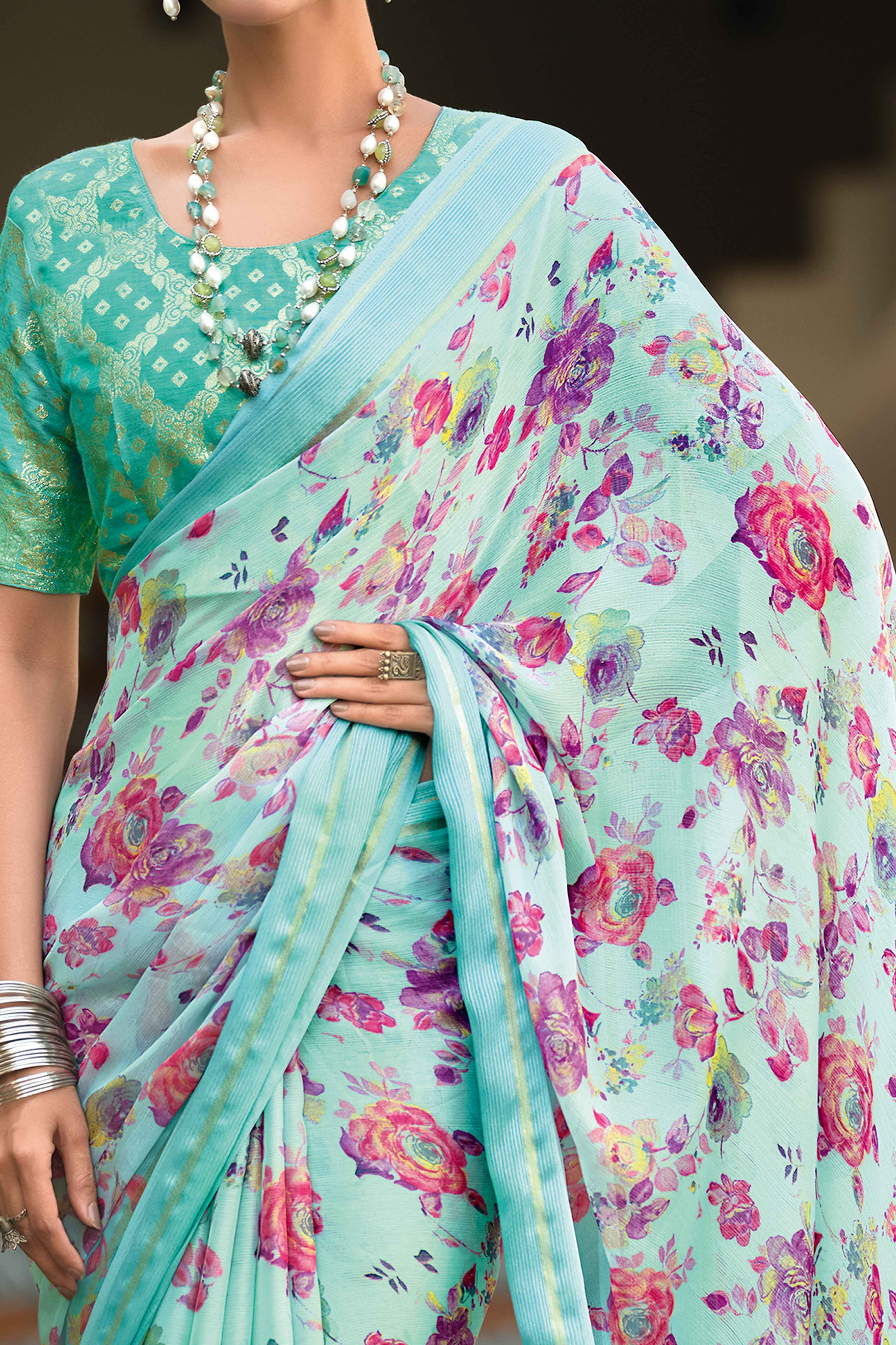 Charming Floral Print Sea Green Chiffon Saree with Breezy Lightness