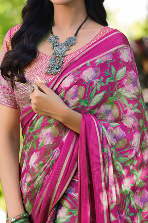 Charming Floral Print Magenta Chiffon Saree with Breezy Lightness