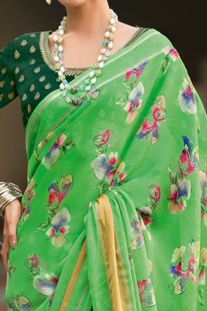 Charming Floral Print Parrot Green Chiffon Saree with Breezy Lightness