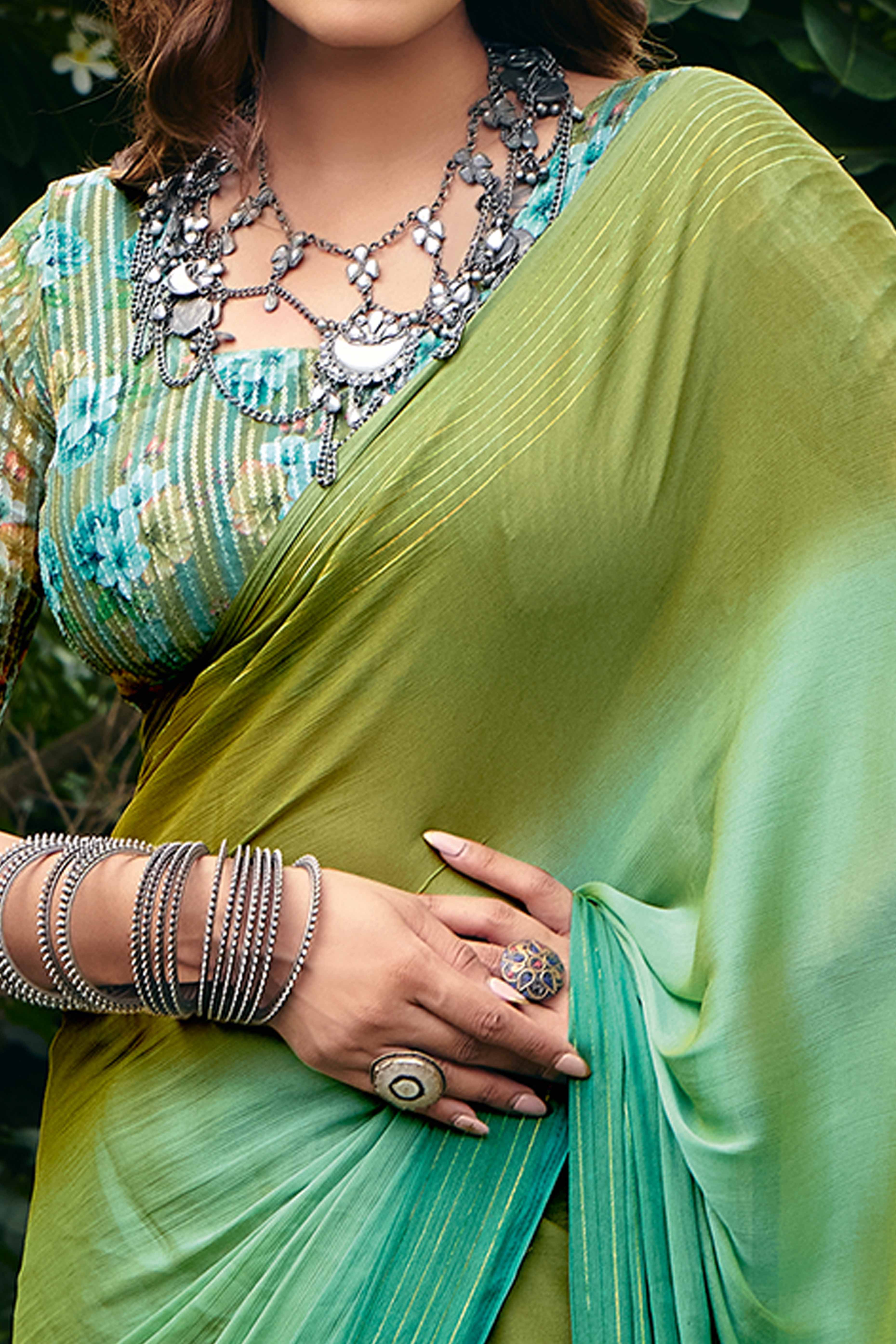 Green Ombre Chiffon Saree Embellished with Golden Zari