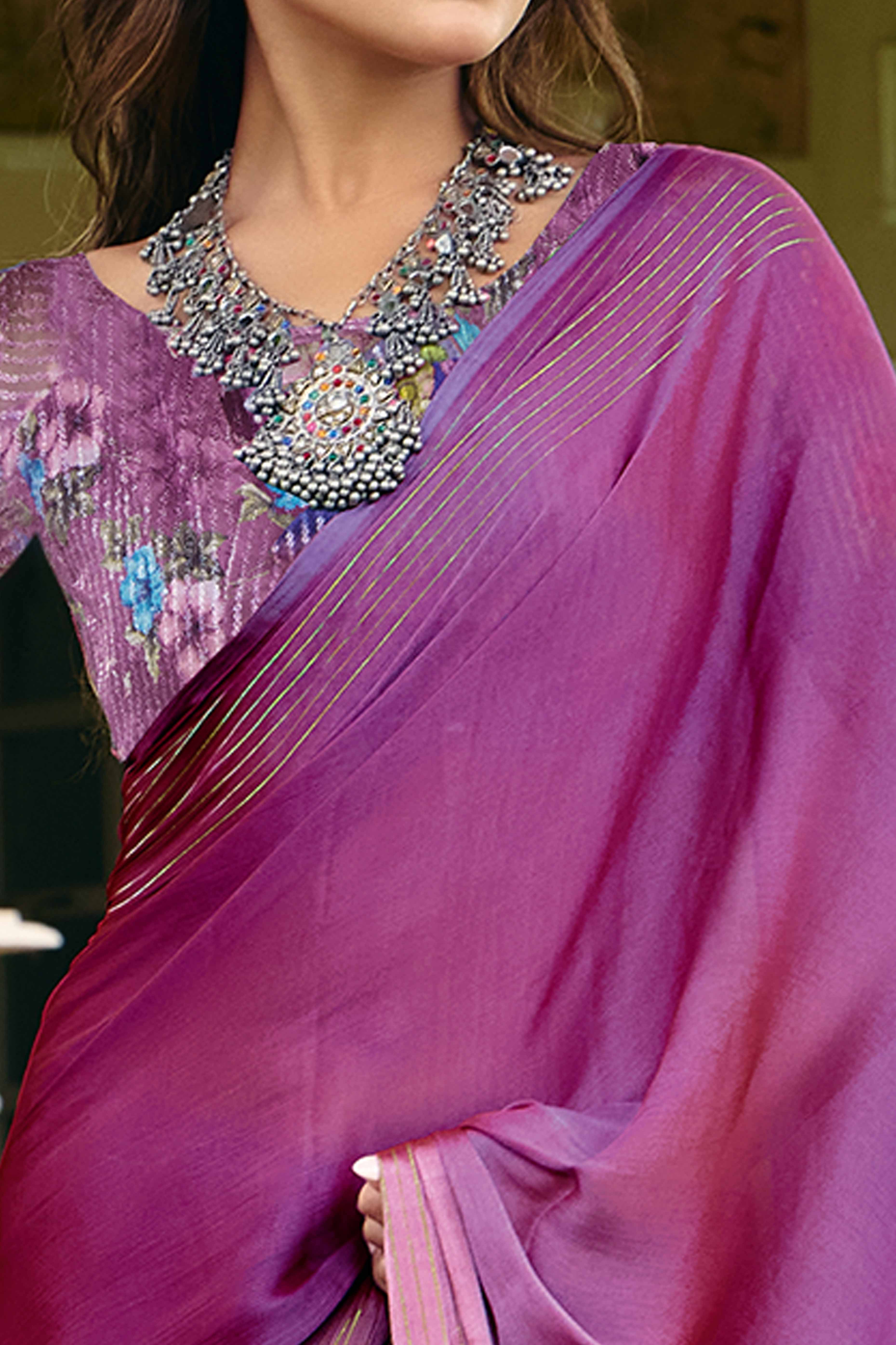Purple Ombre Chiffon Saree Embellished with Golden Zari