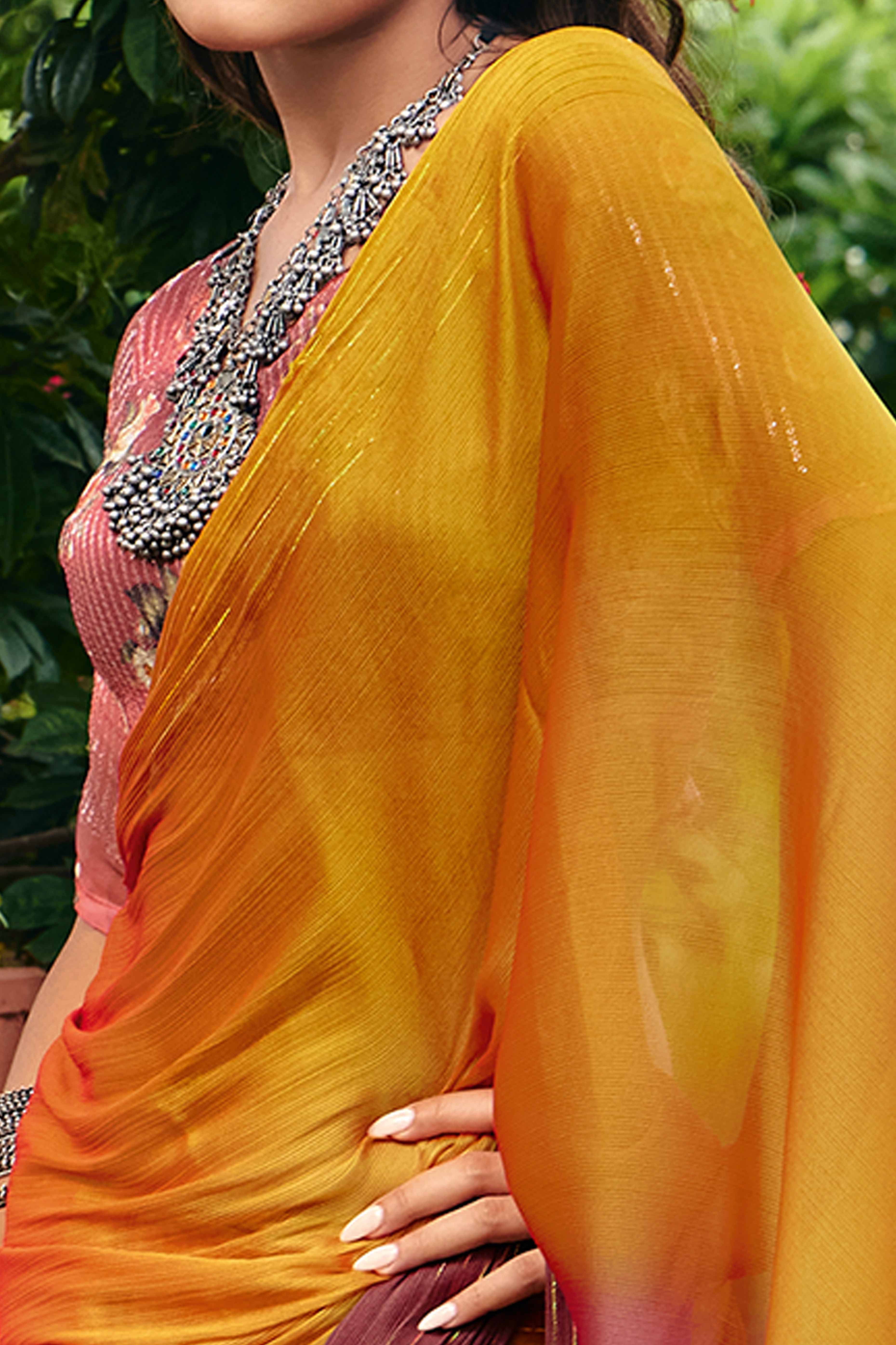 Mustard Ombre Chiffon Saree Embellished with Golden Zari