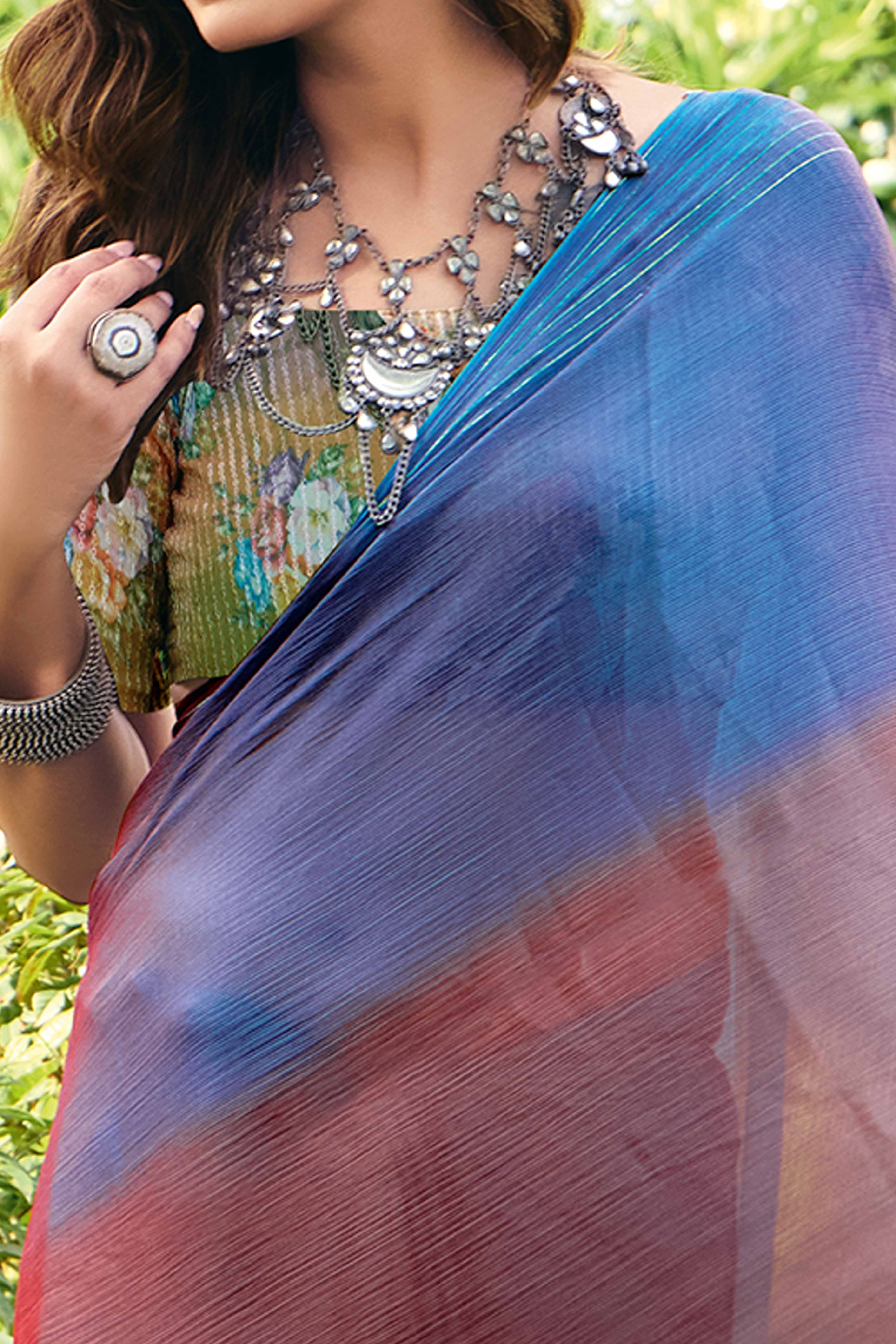 Ombre Multicolor Solid Chiffon Saree with Elegant Zari Border