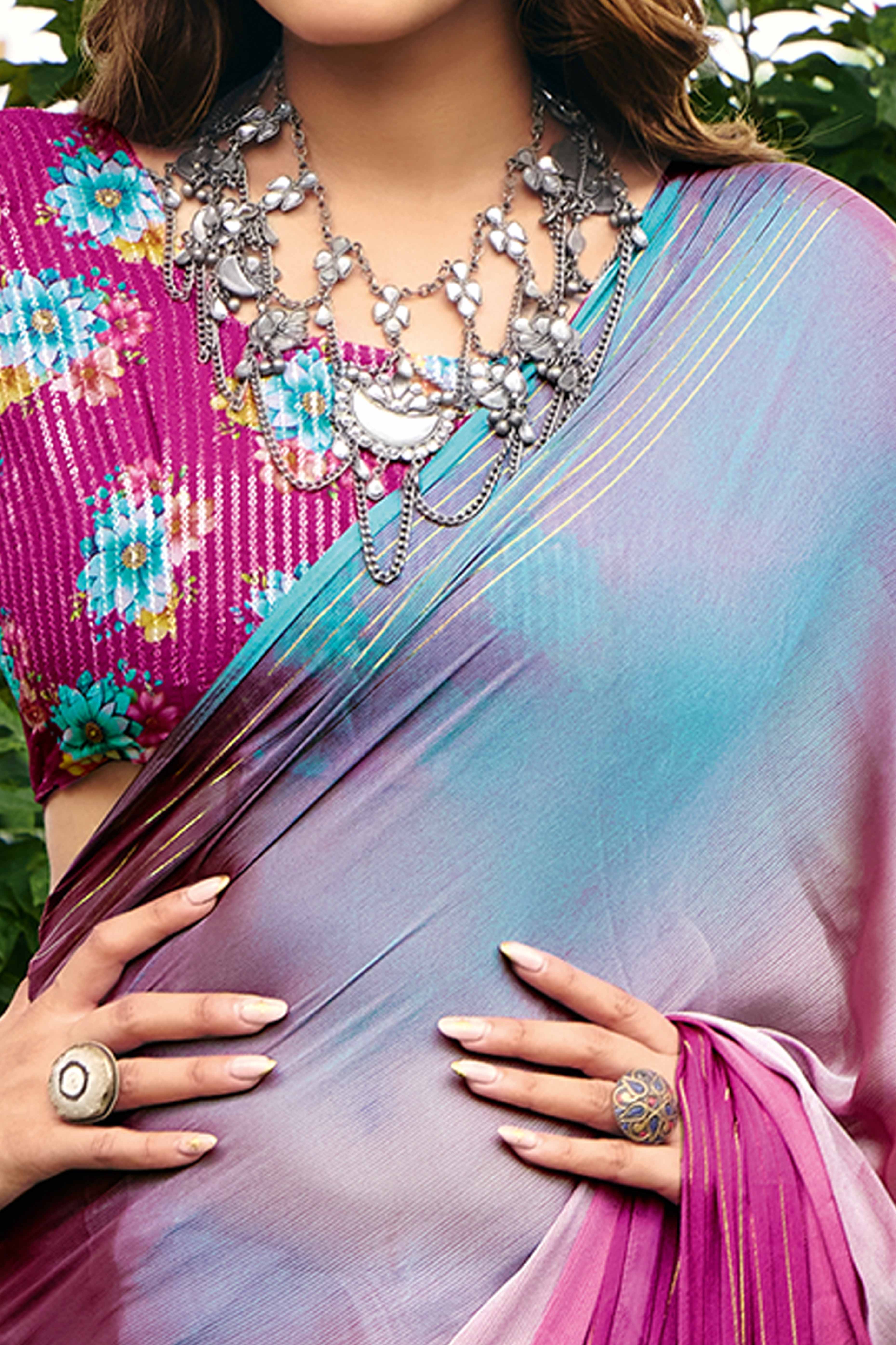 Multicolor Chiffon Saree Featuring Ombre Effect & Zari Detailing