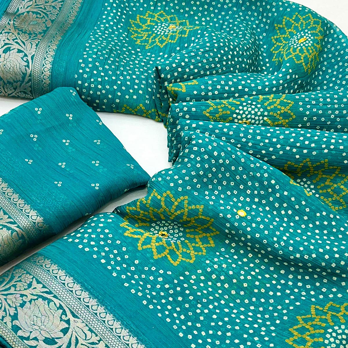 Rama Green Bandhani Printed Chiffon Saree