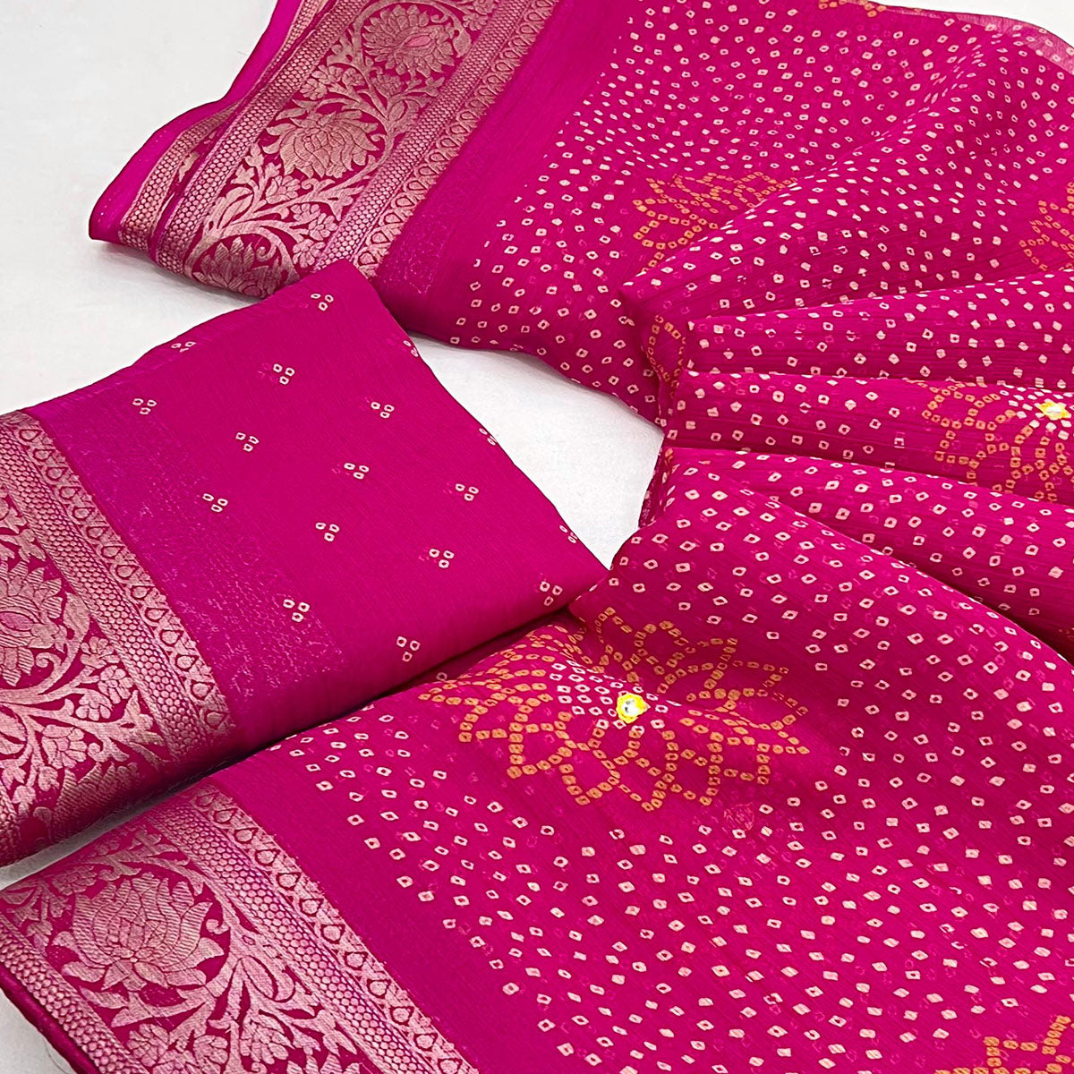 Pink Bandhani Printed Chiffon Saree